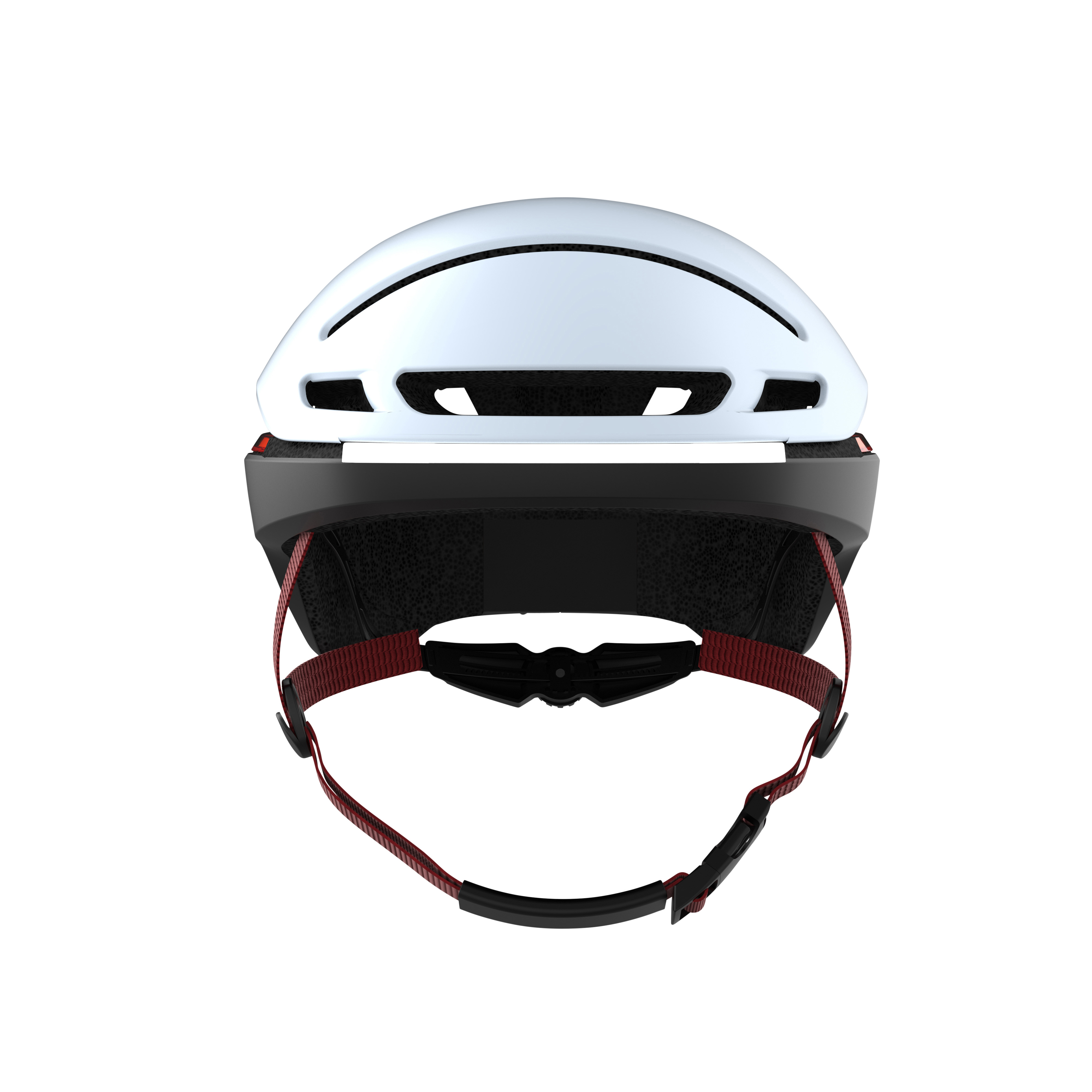 Ein weiß-schwarzer Fahrradhelm mit rotem Riemen, von oben betrachtet.