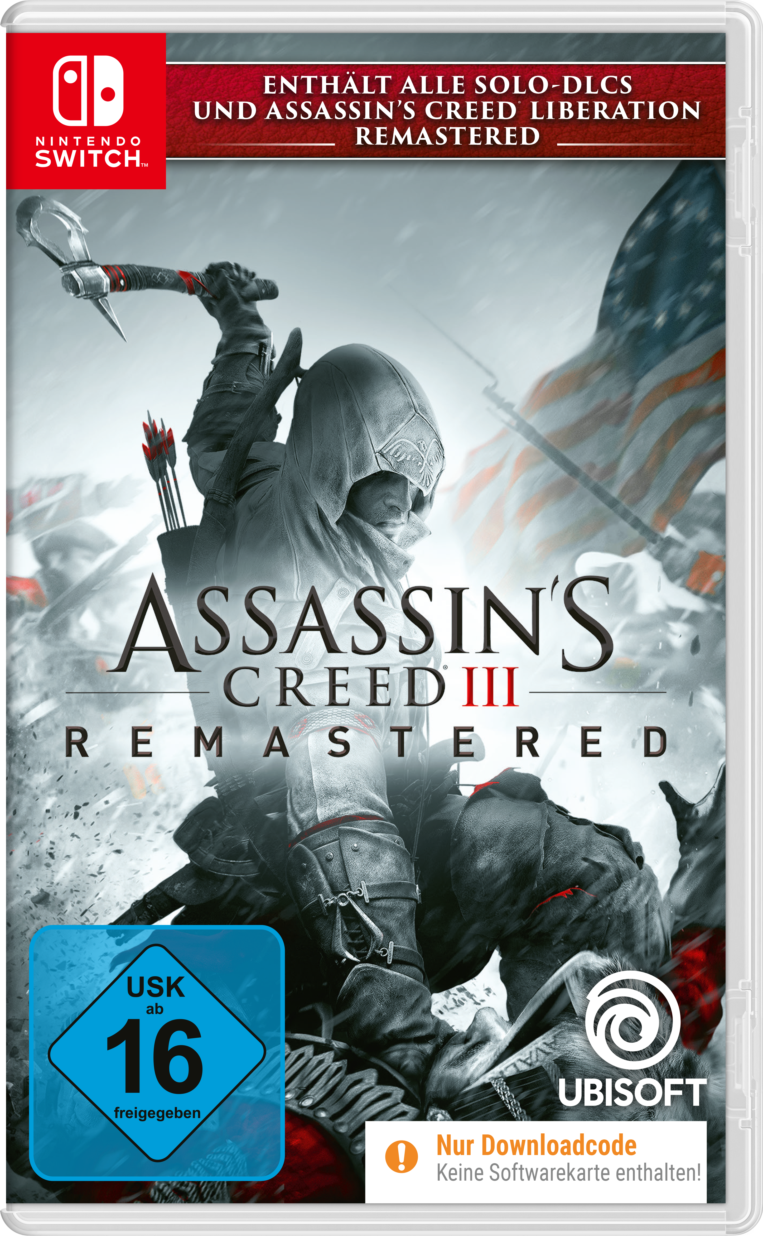 Spielcover für "Assassin's Creed III Remastered". Ein Mann hält einen Tomahawk und eine Flagge im Hintergrund.