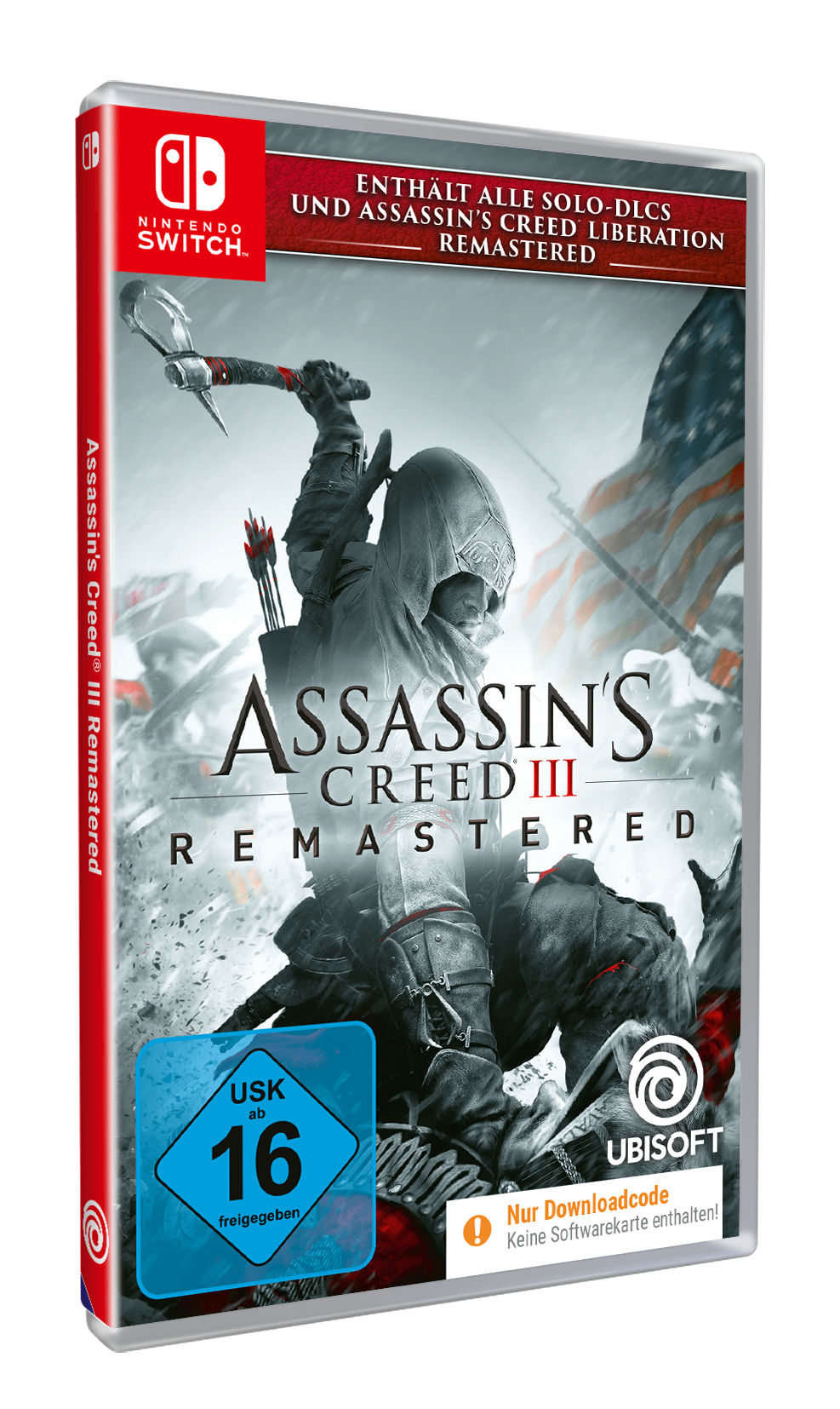 Assassin's Creed III Remastered Spielbox, zeigt eine Figur in einer verschneiten Kampfszene.