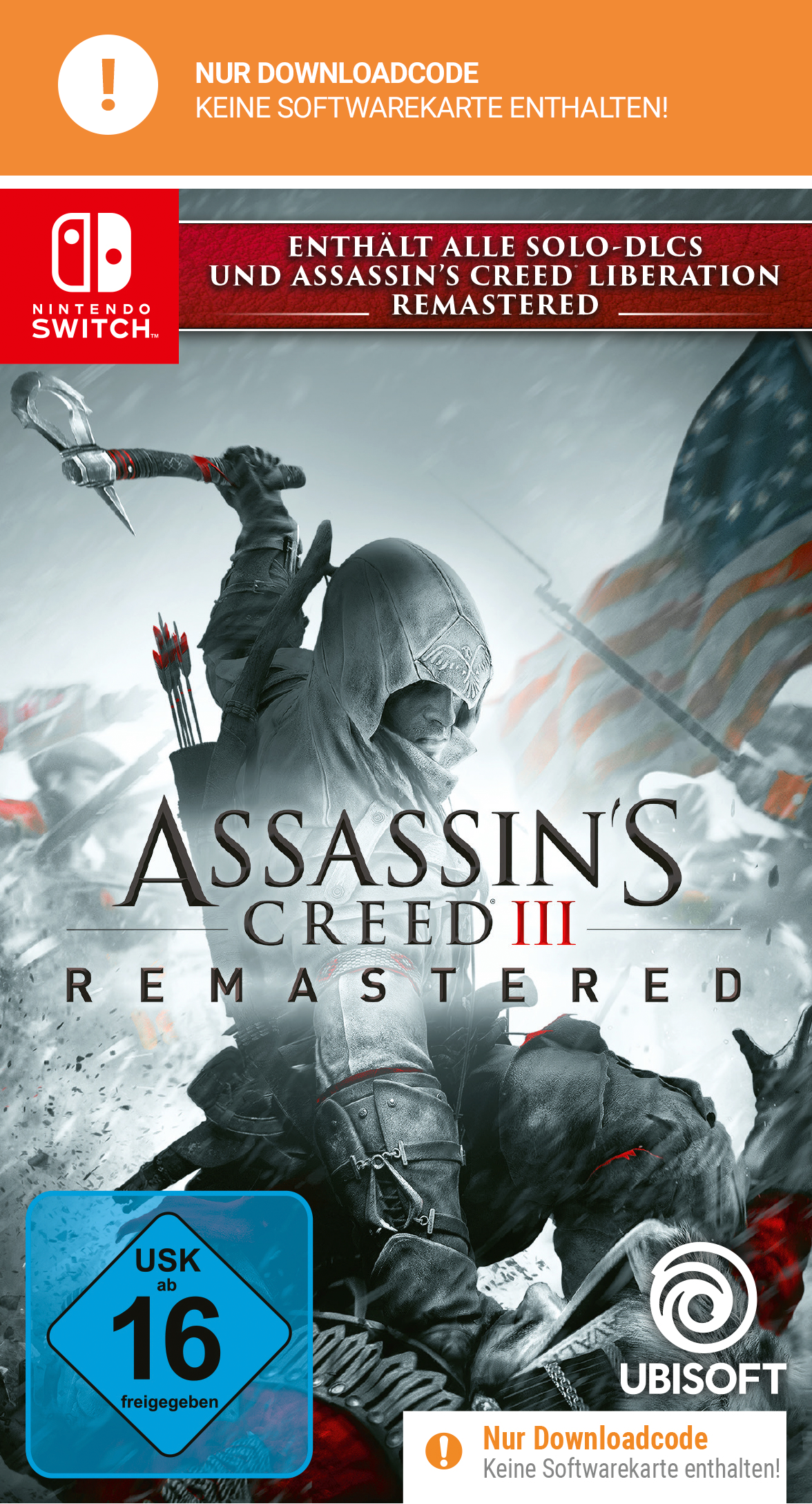 Spielbox. Die Vorderseite zeigt das Artwork von Assassin's Creed III Remastered. Nintendo Switch Logo sichtbar.