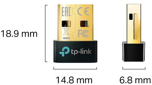 A black and gold USB dongle with measurements in mm. It has the TP-Link logo on it.
