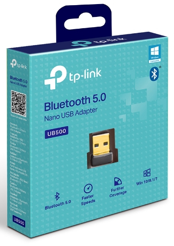 Blue and white box for a Bluetooth 5.0 USB adapter, with a product image and logo.
