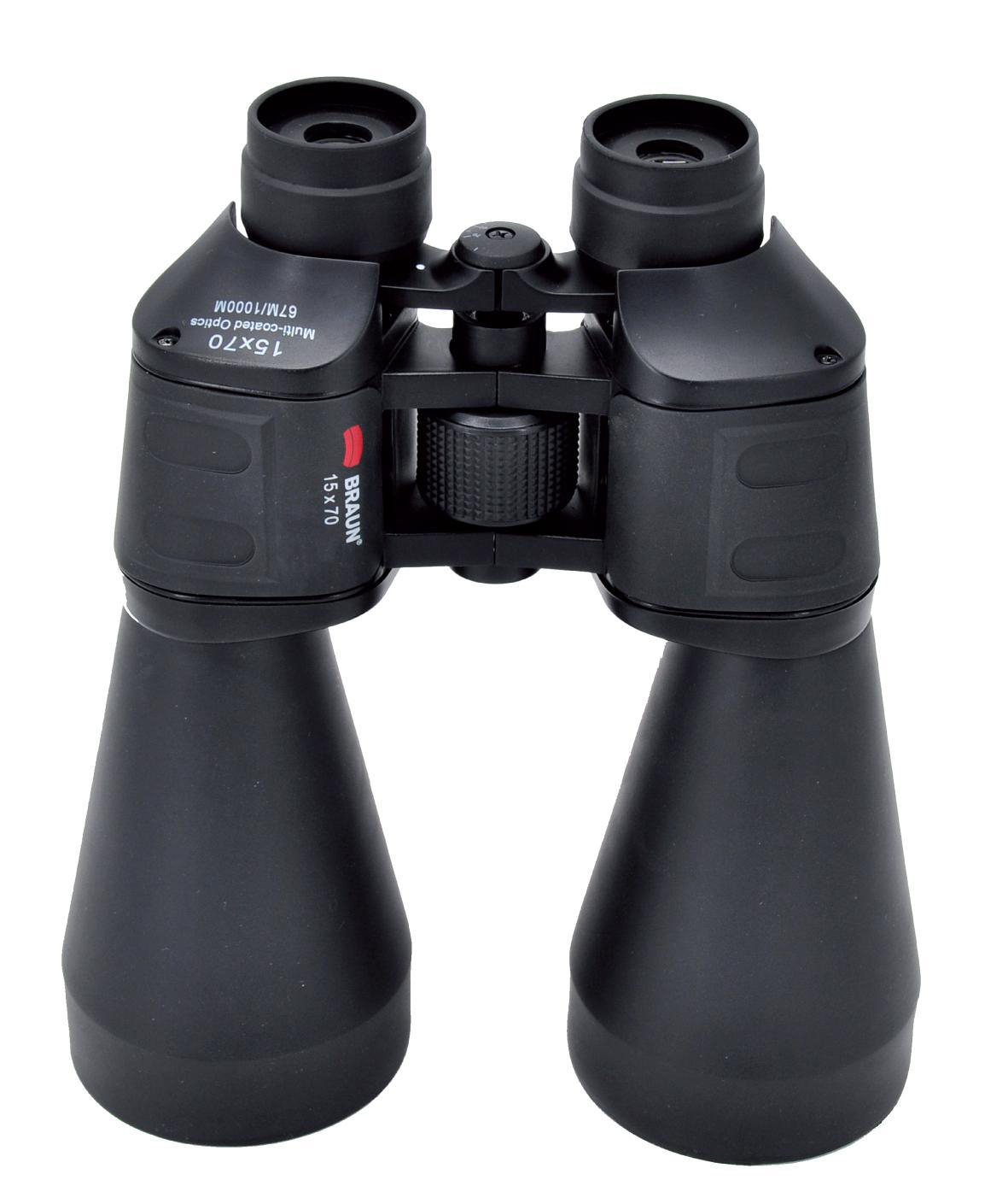 Schwarzes Fernglas. Der Markenname Braun ist sichtbar. Das Objektiv hat einen Gummi-Griff.