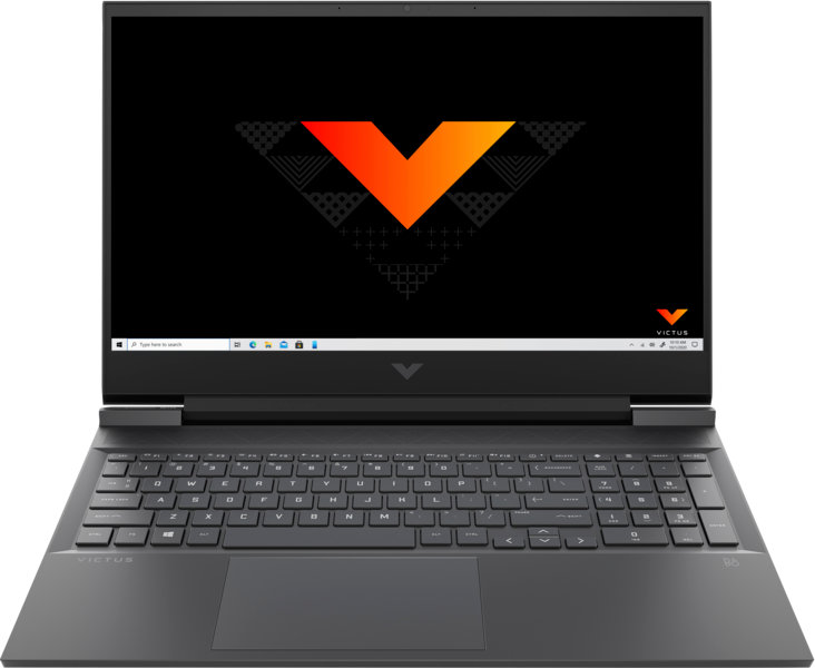 Egy laptop fekete tokkal, amely V alakú logót mutat a képernyőjén.