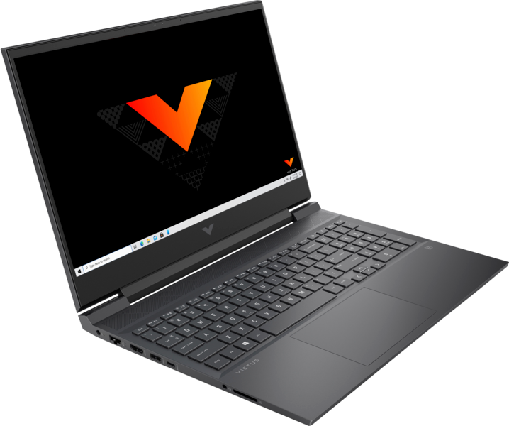 Fekete laptop, nyitva, fehér felületen. A képernyőn logó, a billentyűzet látható.