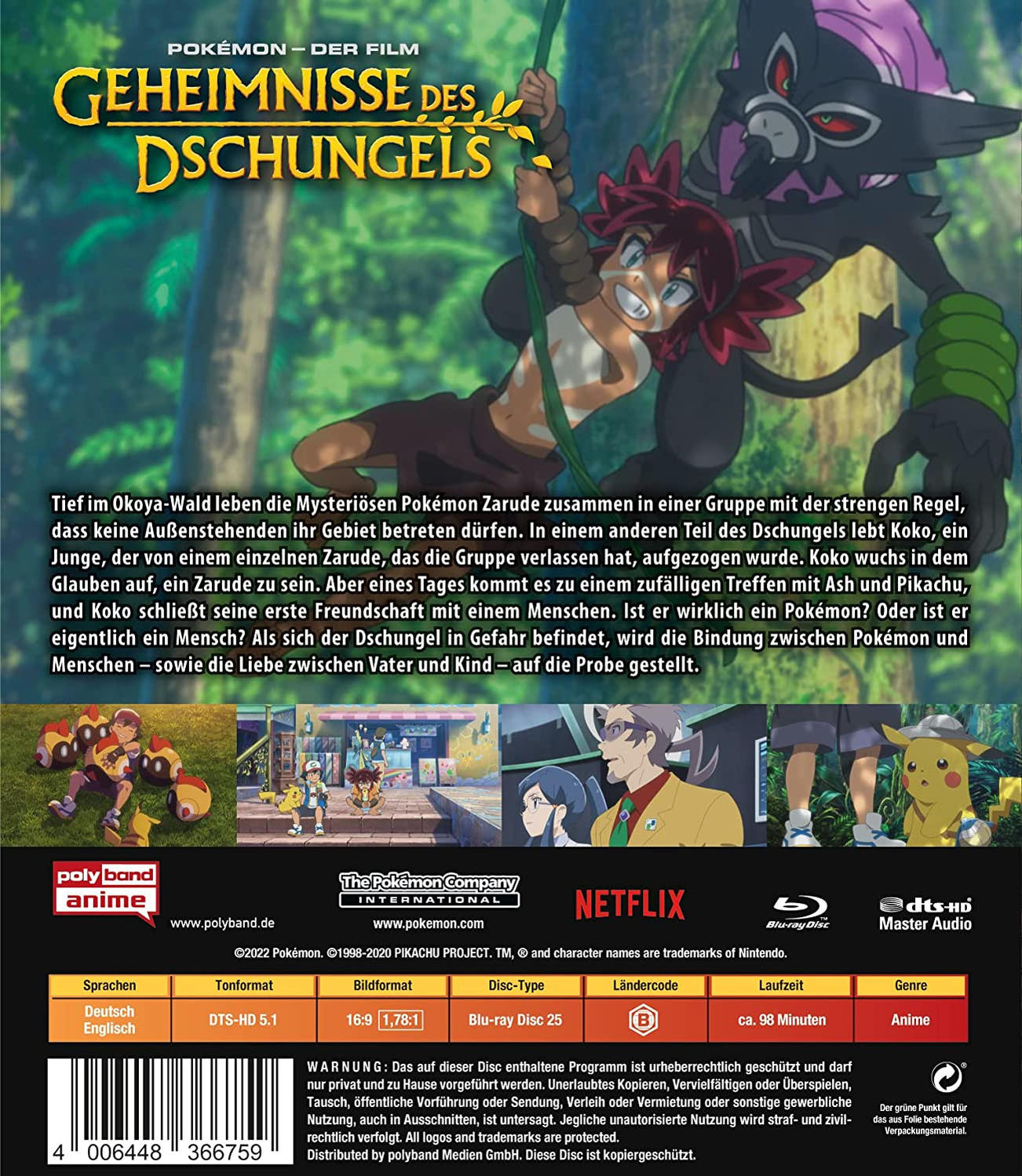 Rückseite einer Pokémon-Film-DVD-Hülle mit Text und Bildern.