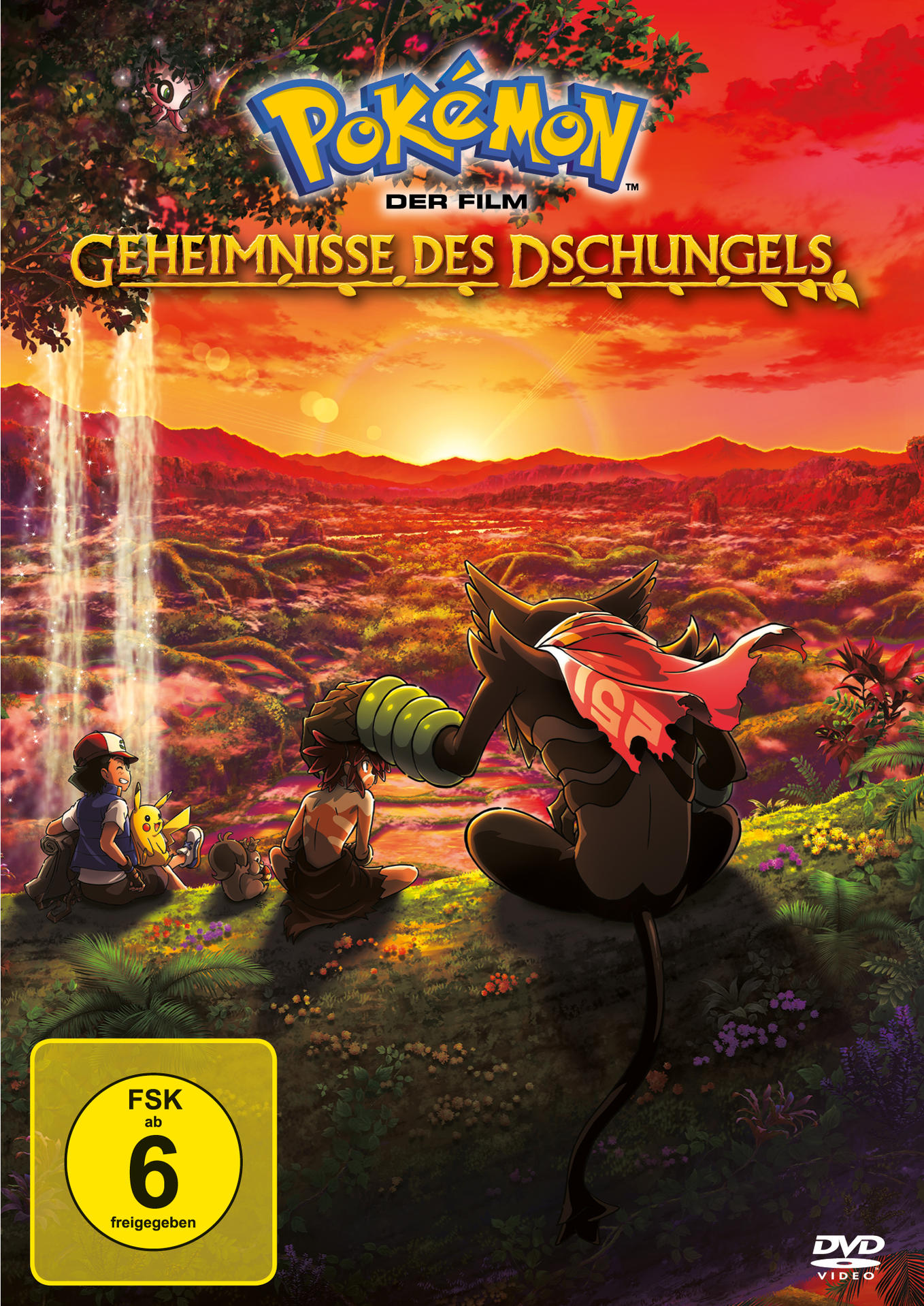 DVD-Hülle eines Pokémon-Films. Zeigt Charaktere in einer Dschungelkulisse mit Sonnenuntergang im Hintergrund.