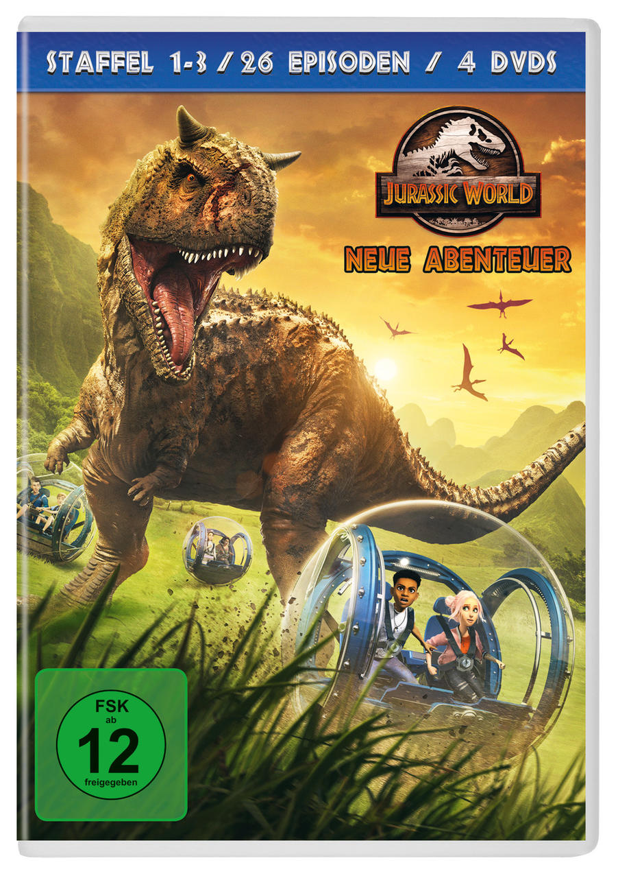 Jurassic World DVD-Cover. Ein Dinosaurier rennt, und Menschen sind in Kugeln.