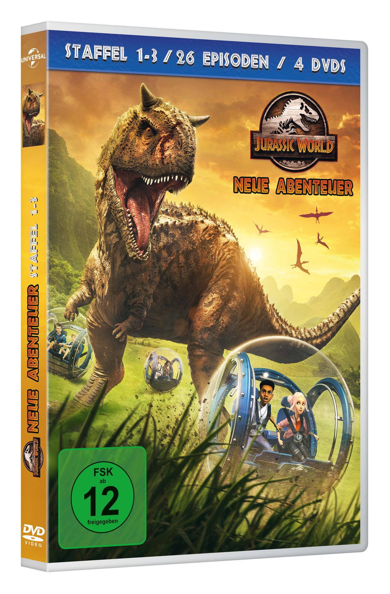 DVD-Cover von Jurassic World. Ein Dinosaurier steht im Mittelpunkt. Grüner Hintergrund.