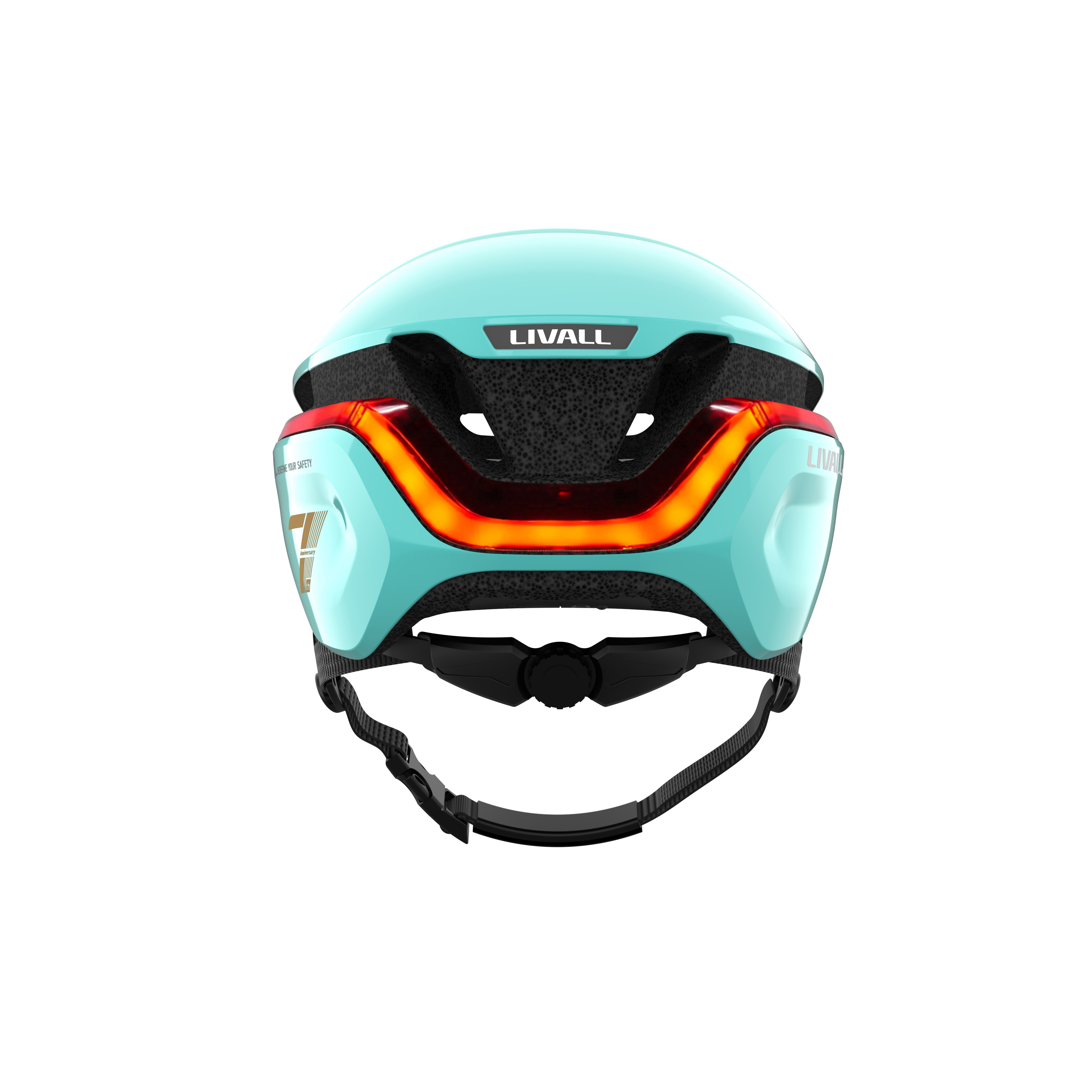 Ein helltürkisfarbener Fahrradhelm mit Rücklicht und der Marke LIVALL oben sichtbar.