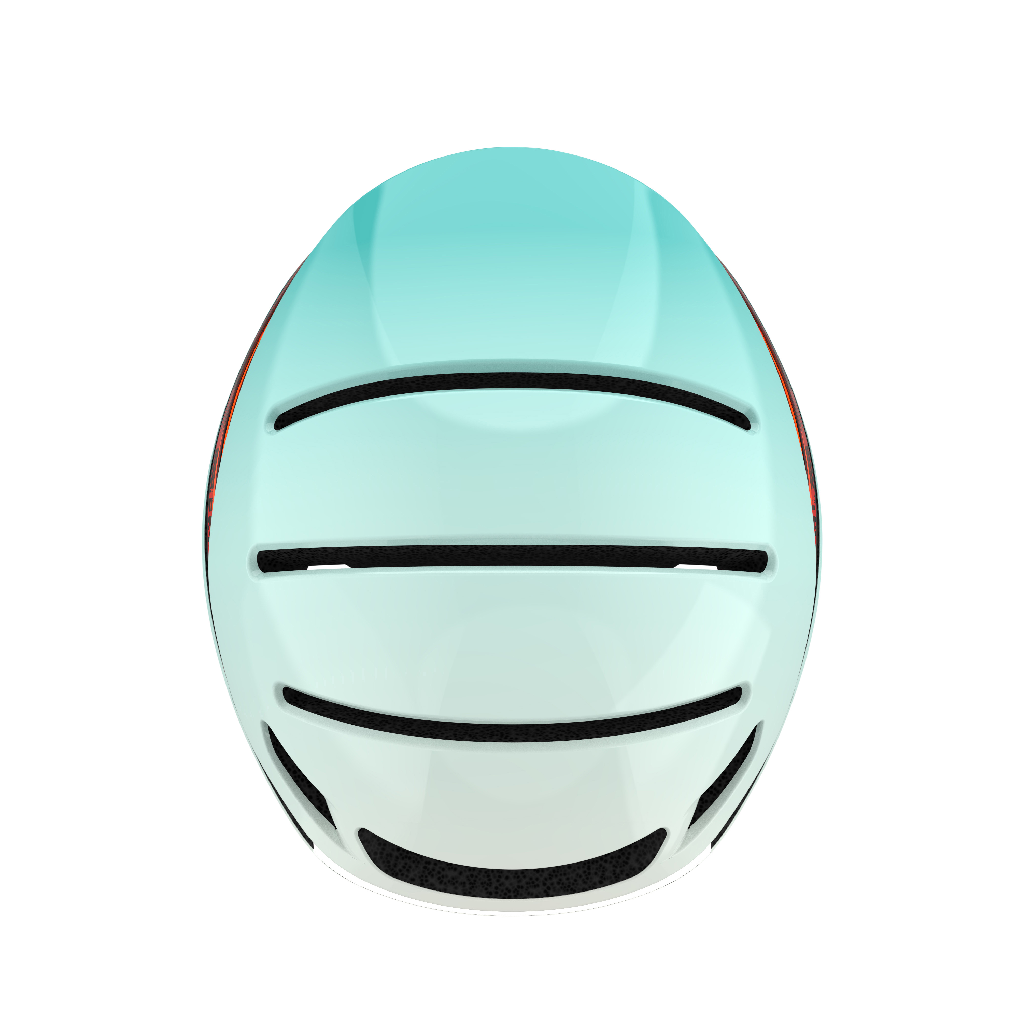 Draufsicht auf einen hellblauen und weißen Fahrradhelm mit Lüftungslöchern und schwarzen Akzenten.