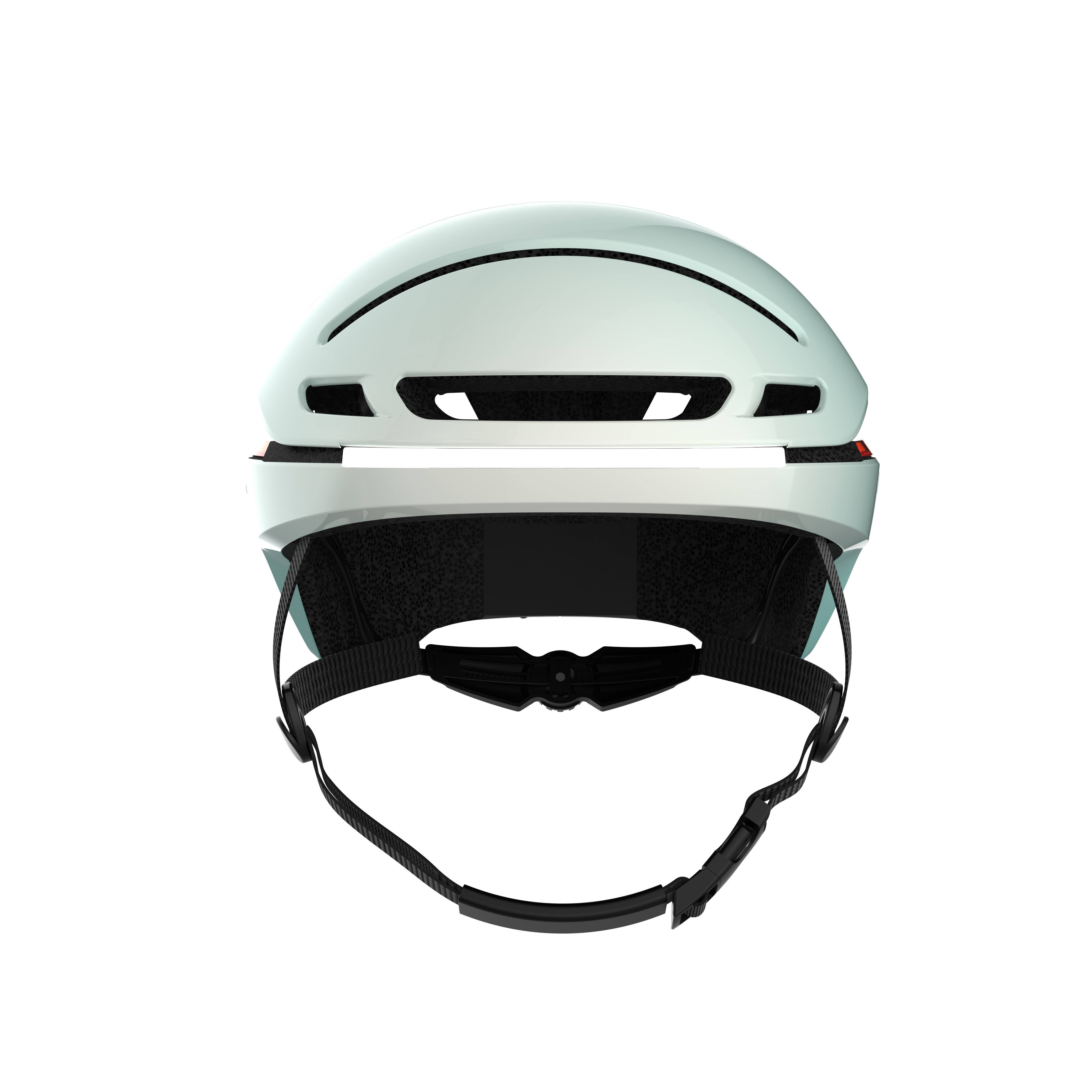 Hellblauer Fahrradhelm mit schwarzen Riemen und Rücklicht.