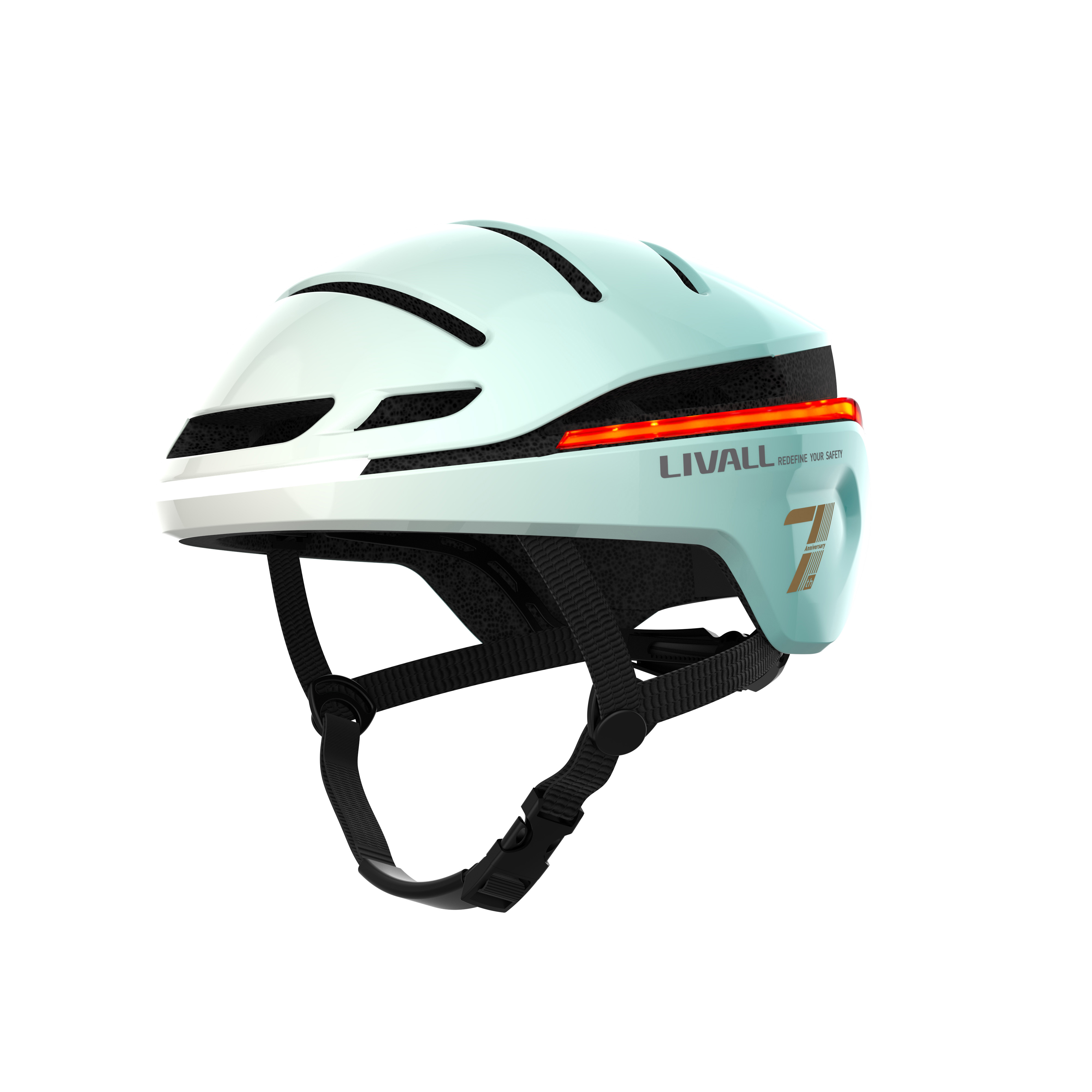 Hellblauer Fahrradhelm mit rotem Licht und dem Wort 'LIVALL'.