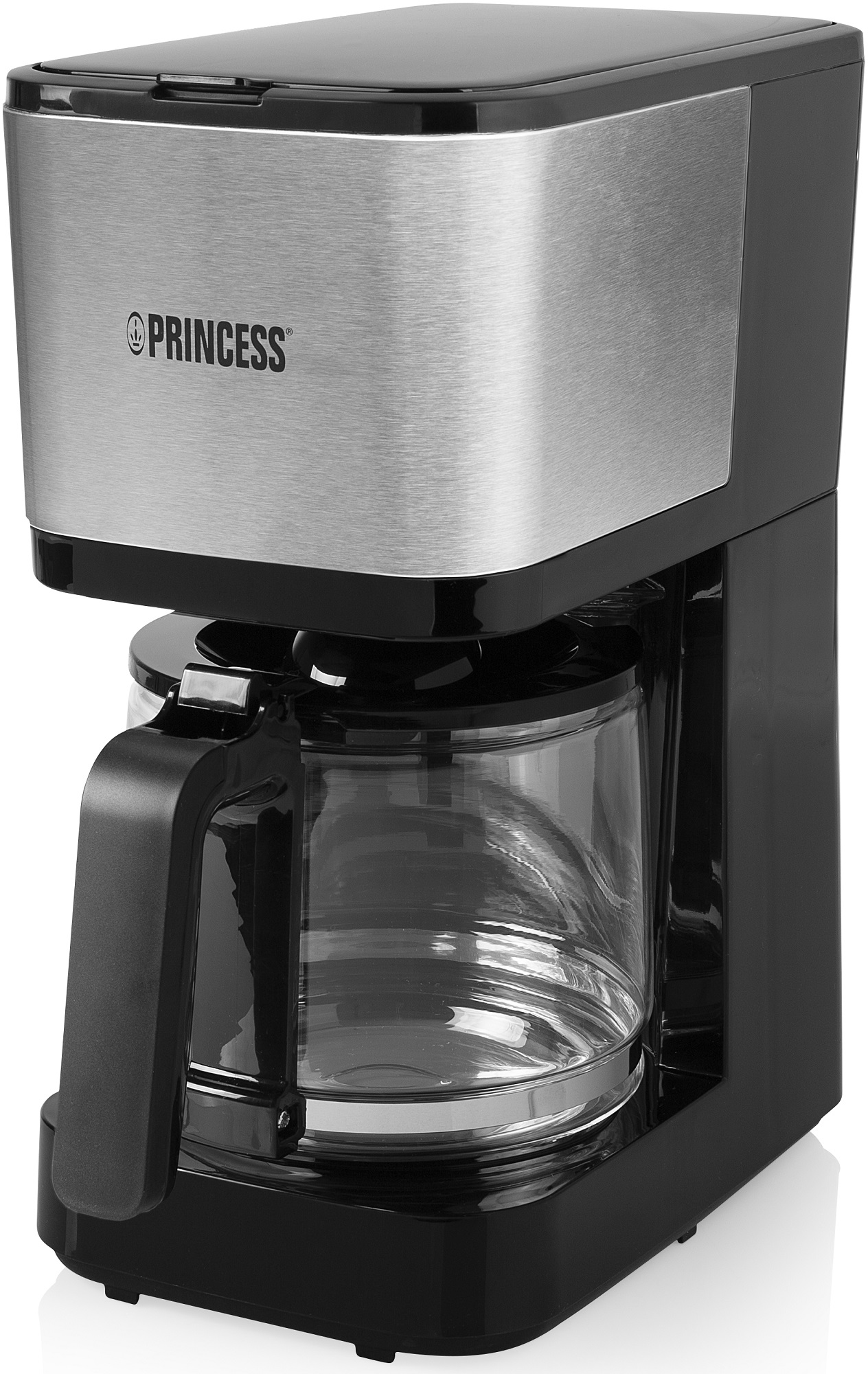 Macchina da caffè nera e argento con caraffa in vetro. Il marchio Princess è visibile sulla parte anteriore.
