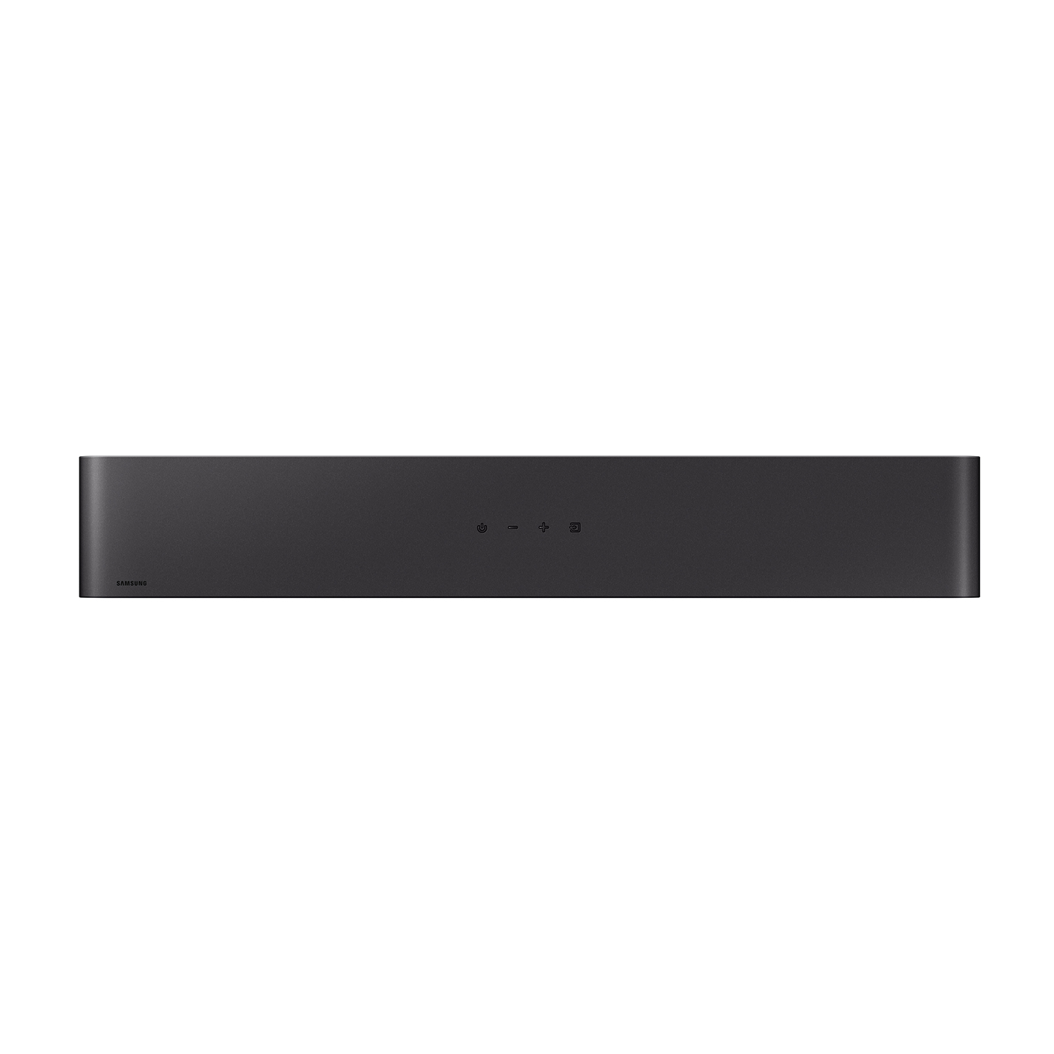 Soundbar nera con pulsanti di accensione e ingresso, isolata su sfondo bianco.