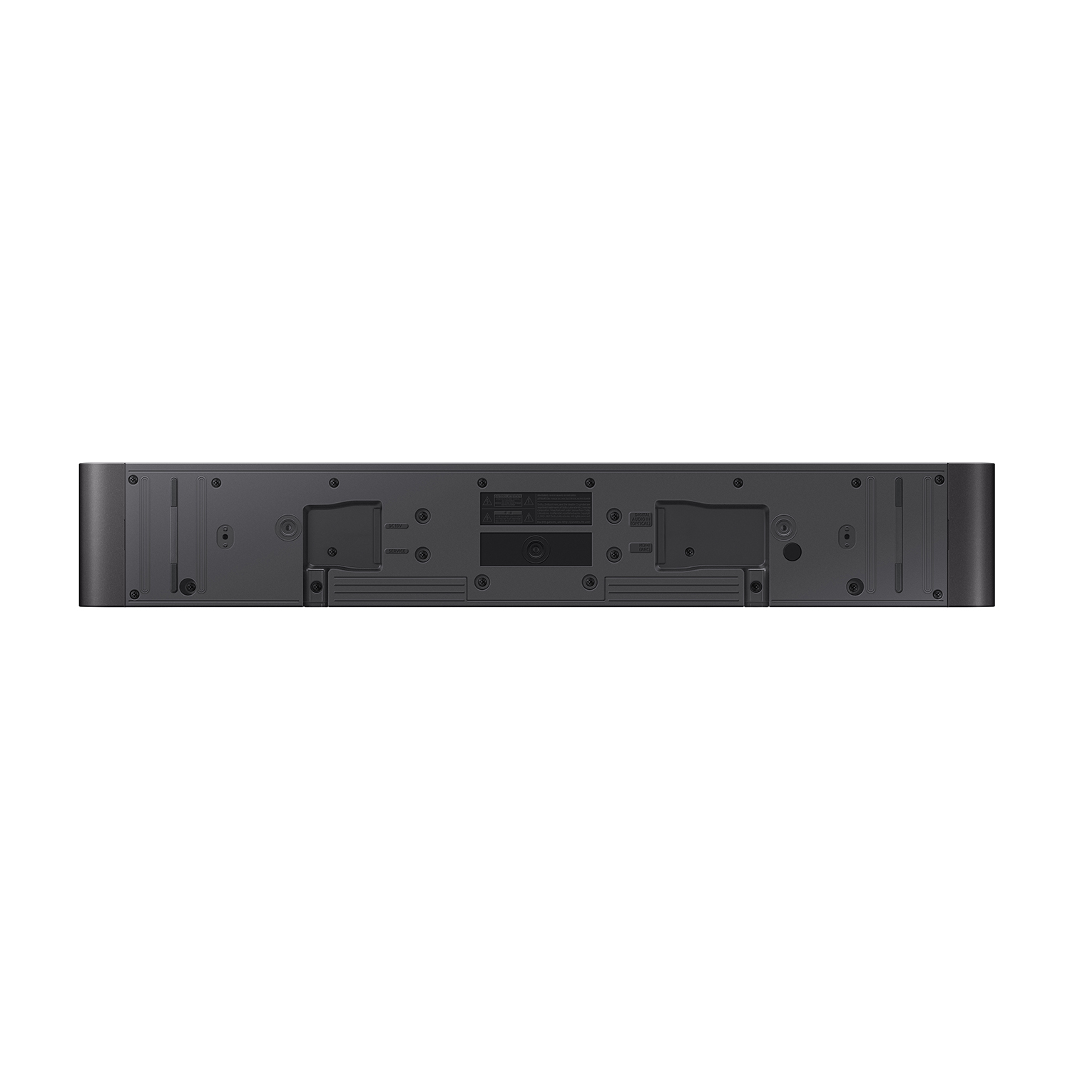 Retro di una soundbar nera con più porte di connessione e fori di montaggio.