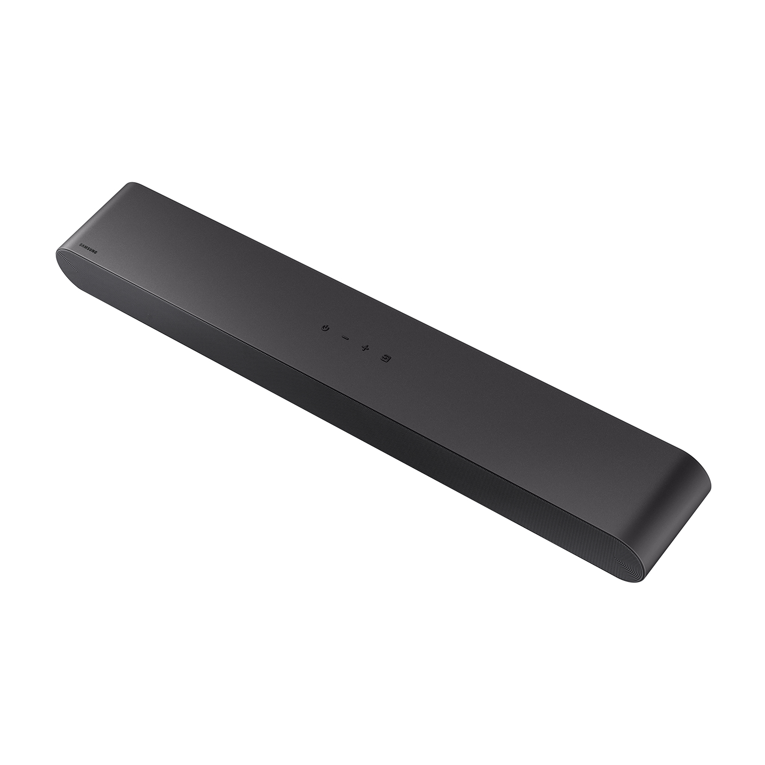 Una soundbar lunga e nera con pulsanti, posizionata ad angolo.
