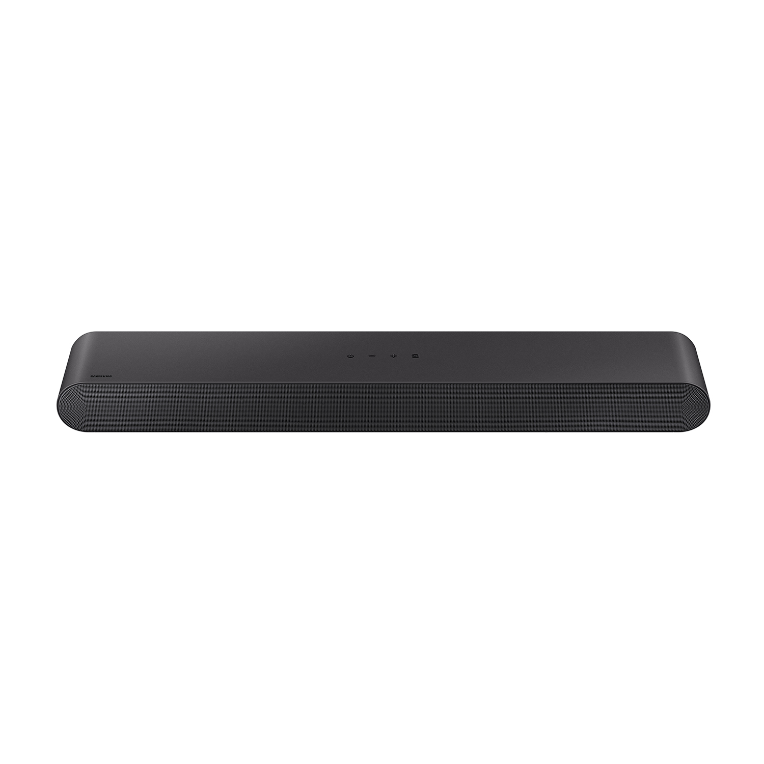 Soundbar nero su una superficie bianca.