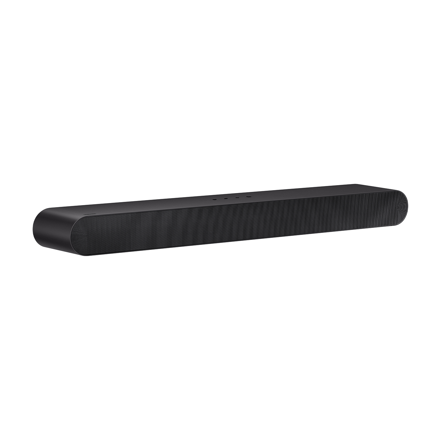 Soundbar nera, forma rettangolare, con un frontale in rete. La parte superiore è leggermente curva.
