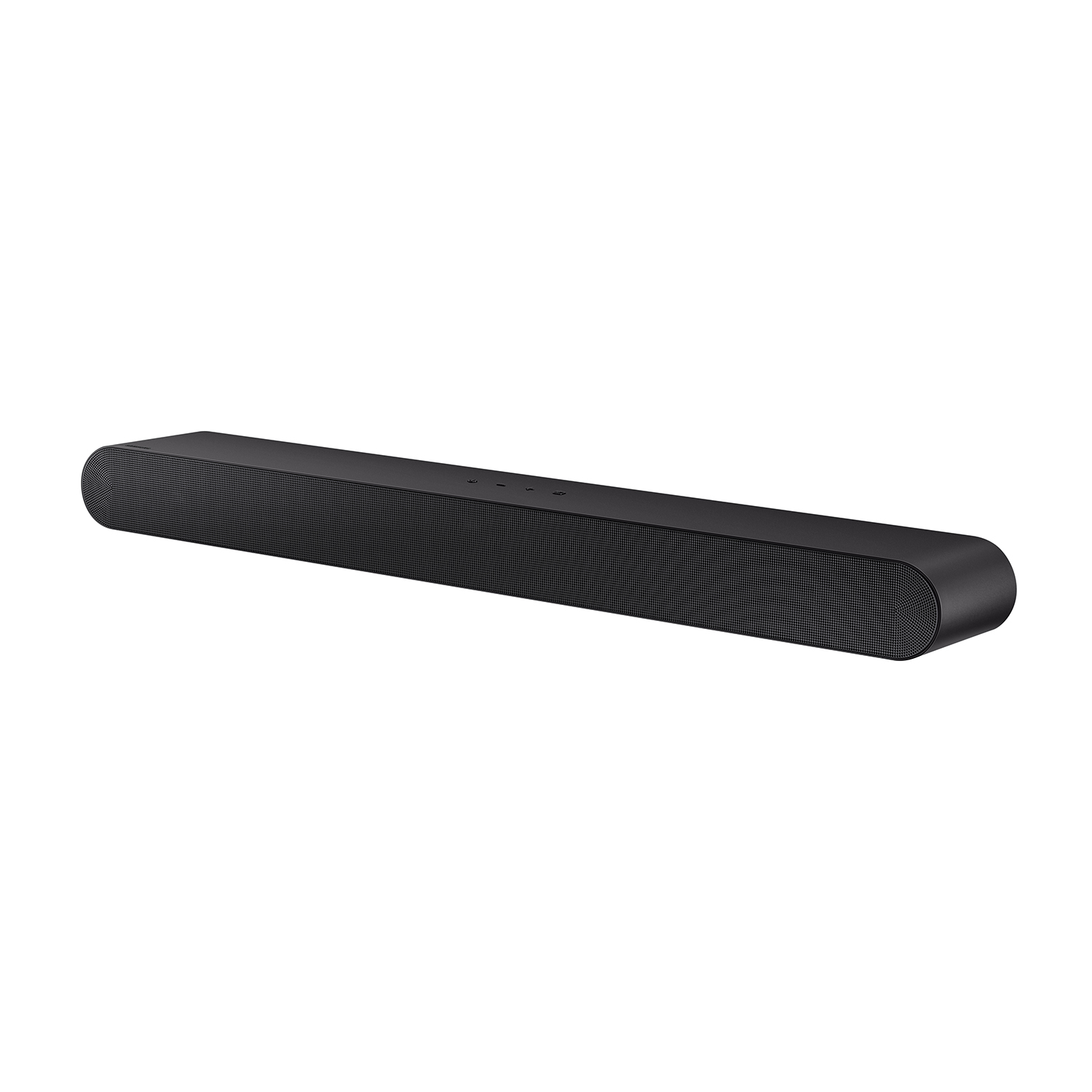 Soundbar nera con frontale in rete. È lunga e rettangolare.