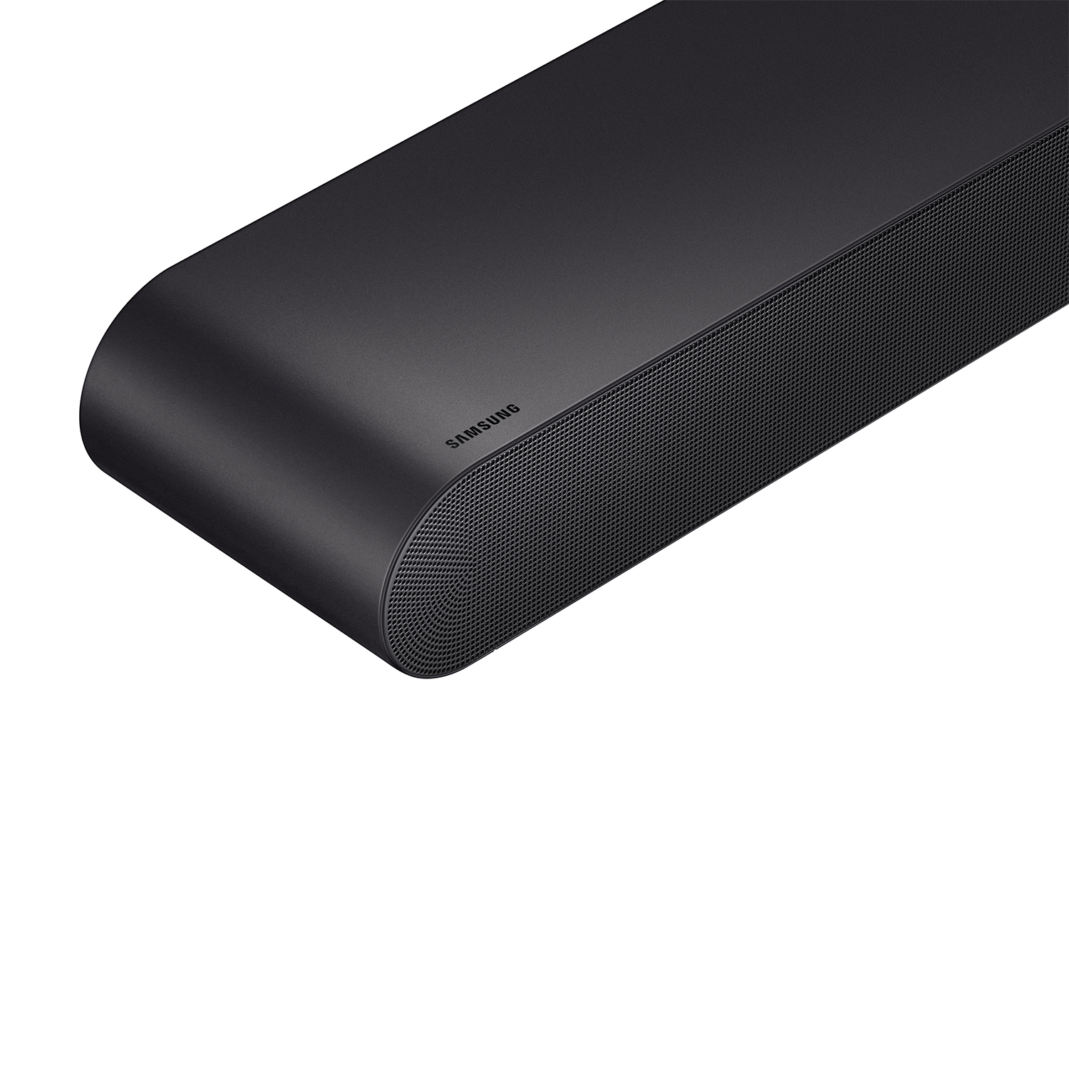 Soundbar nera con bordi arrotondati. Il marchio 'SAMSUNG' è stampato sul lato.