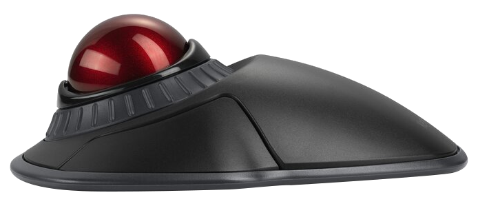 Egy fekete trackball egér piros golyóval a tetején. Elegáns, ergonomikus kialakítású.