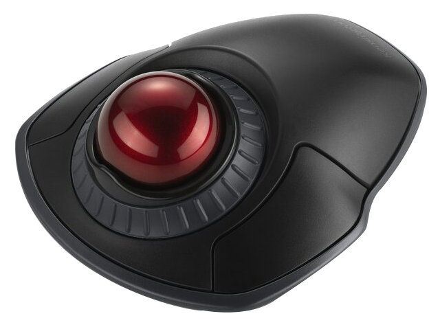 Egy fekete trackball egér piros golyóval és fekete háttérrel.