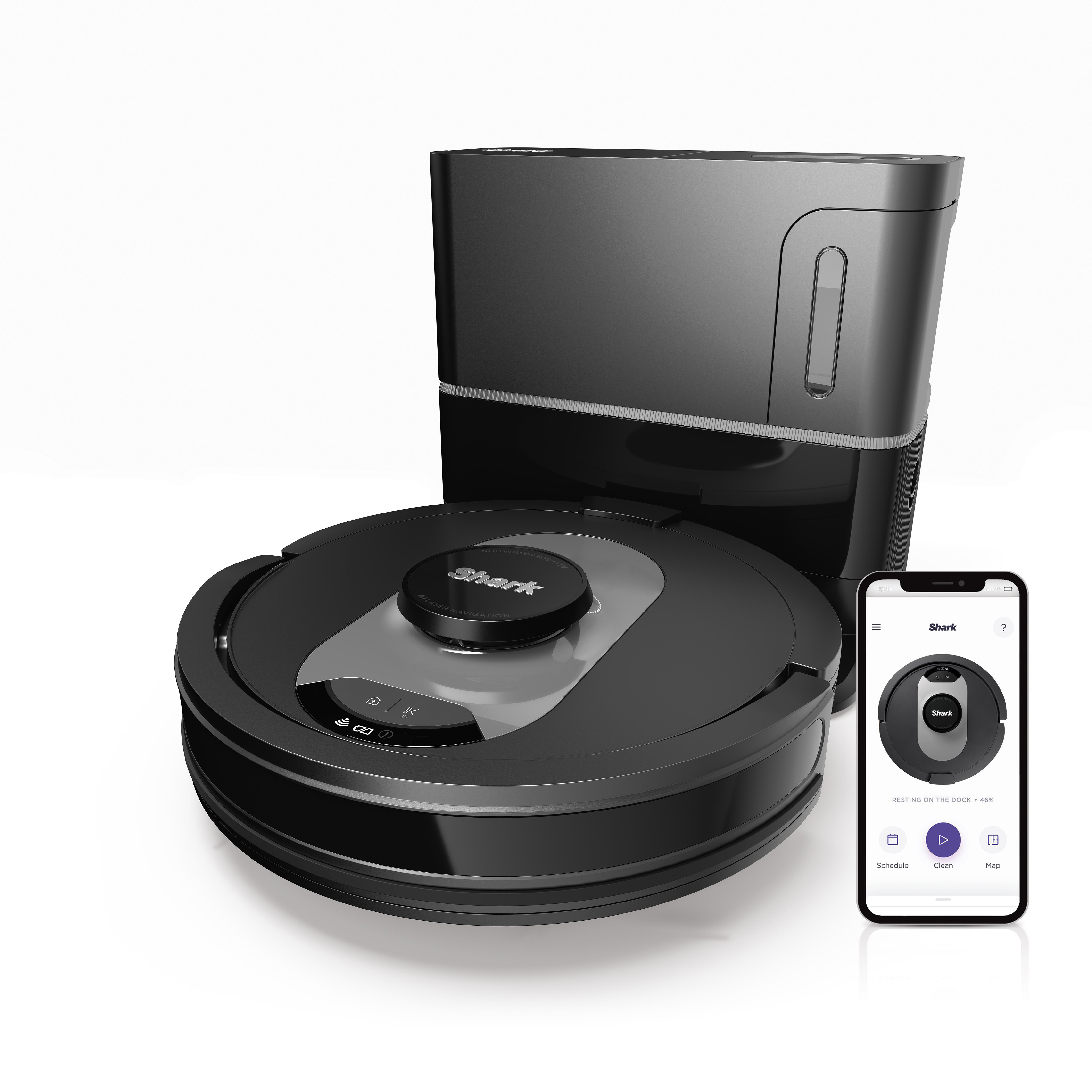Schwarzer Shark-Roboter-Staubsauger mit Ladestation und Telefon mit App.