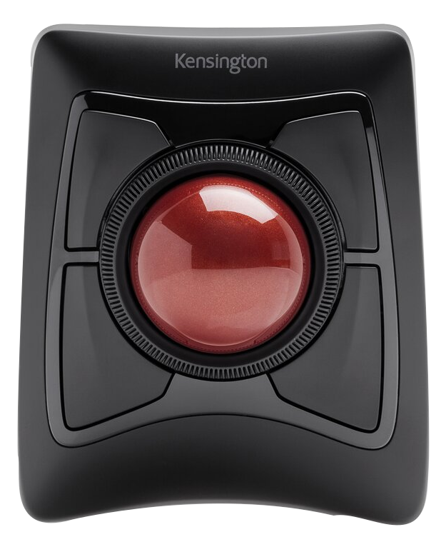 Fekete trackball egér piros golyóval. Oldalán gombok találhatók.