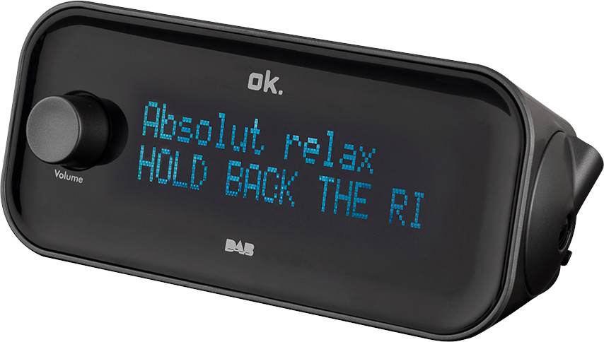 Zwarte ok. DAB-radio met display met tekst.