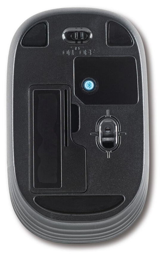 Fekete számítógépes egér alja, be/ki kapcsolóval, Bluetooth logóval.