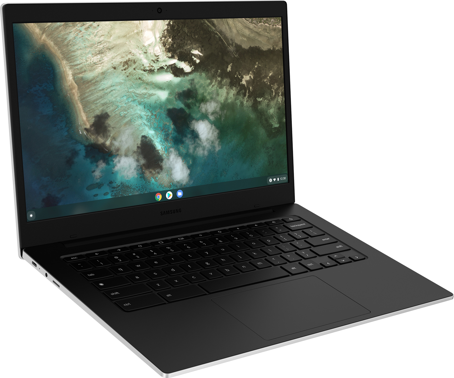Een zwarte Samsung Chromebook met een levendige achtergrond op het open scherm.