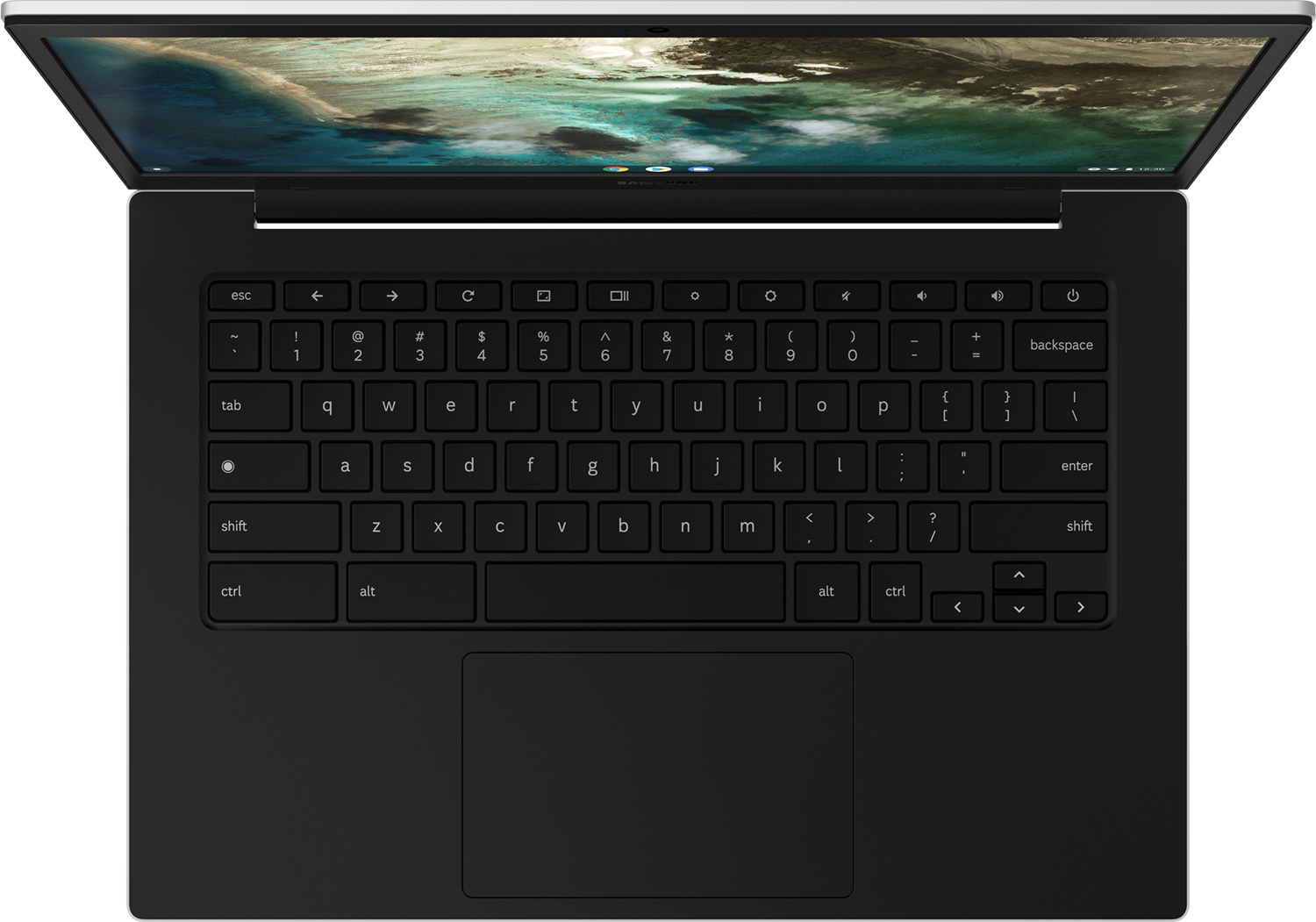 Een open laptop met zwart toetsenbord en touchpad. Het scherm toont een landschap.
