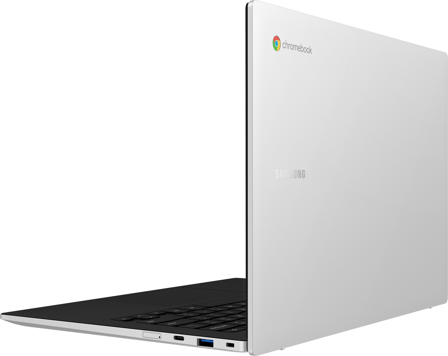 Een zilveren Samsung Chromebook laptop, liggend op zijn zijkant met het toetsenbord open.
