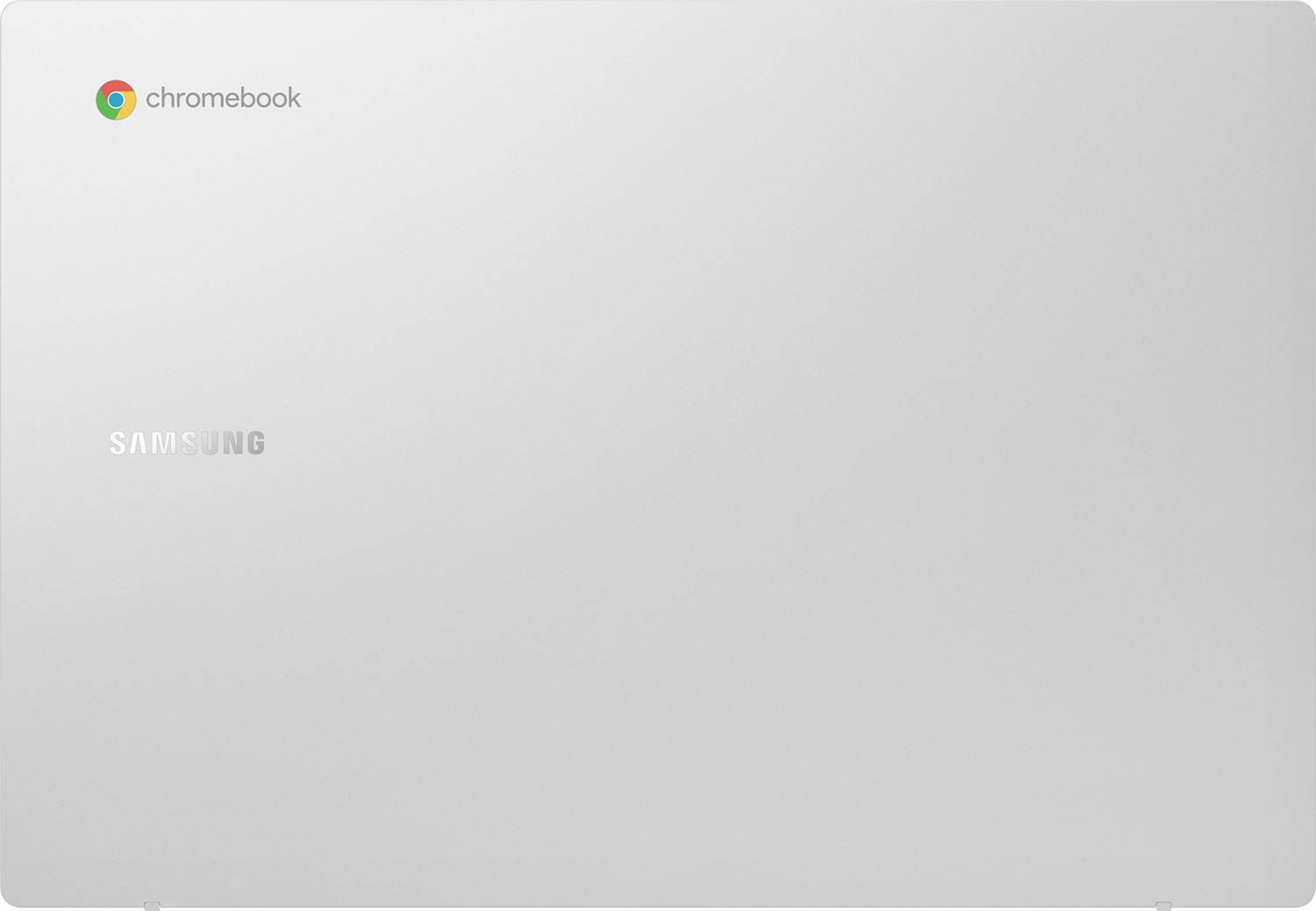 Een witte Chromebook met Samsung en Chromebook logo's.