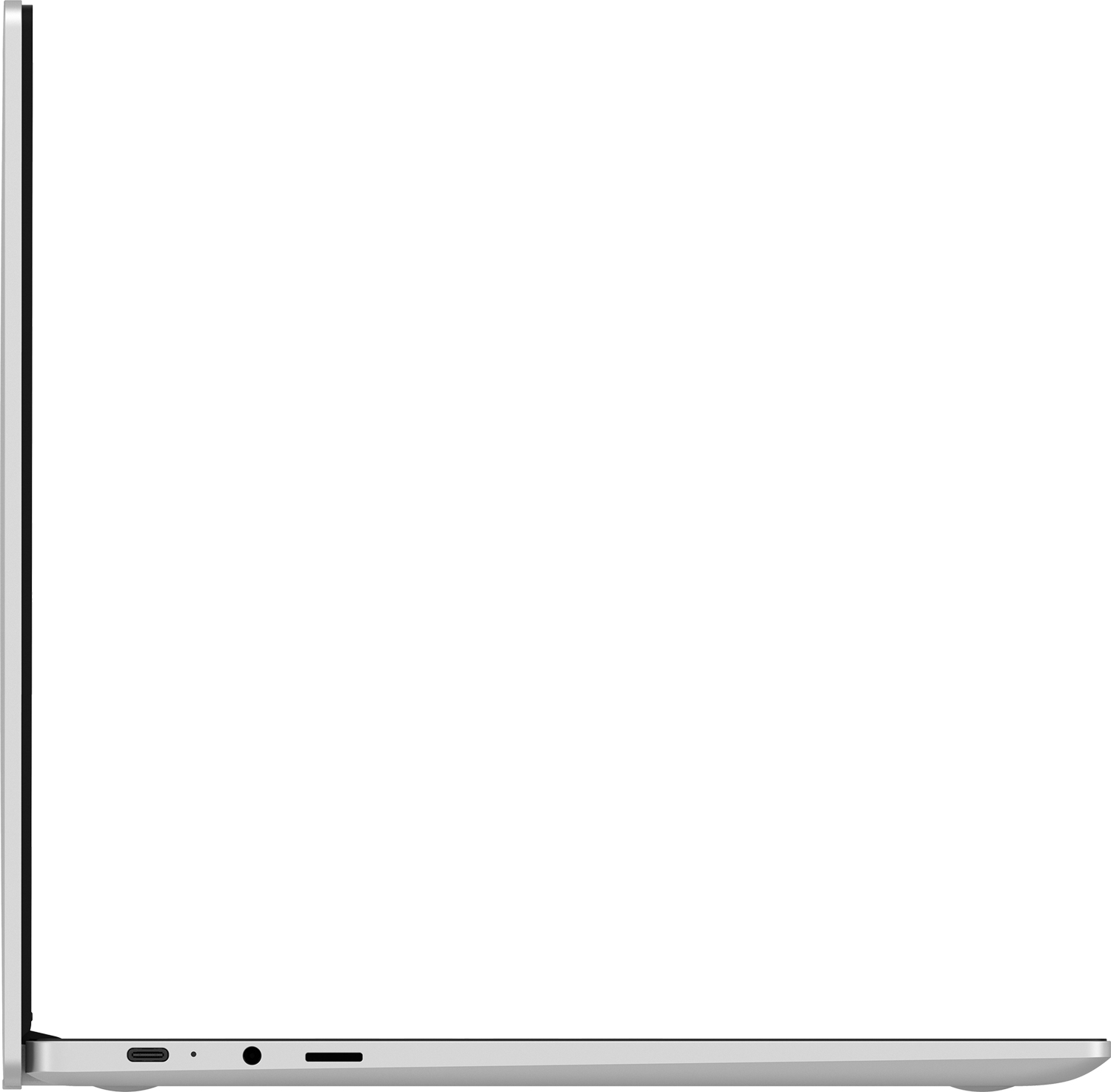 Zilveren laptop van de zijkant met USB-C, audio-aansluiting en SD-kaartsleuf.
