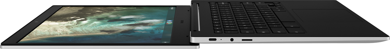 Een open zilveren en zwarte tablet met toetsenbord, tegen een witte achtergrond.