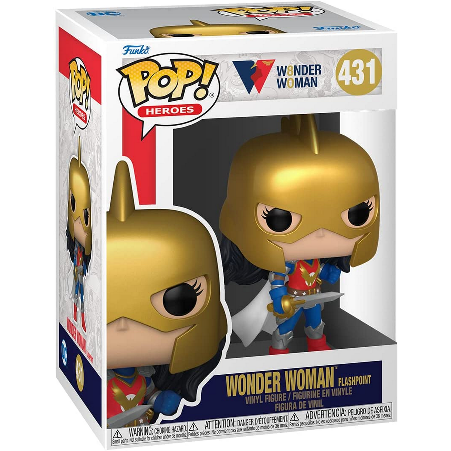 Una figura Funko Pop de Wonder Woman Flashpoint en una caja, con imágenes de la figura y arte de la caja.