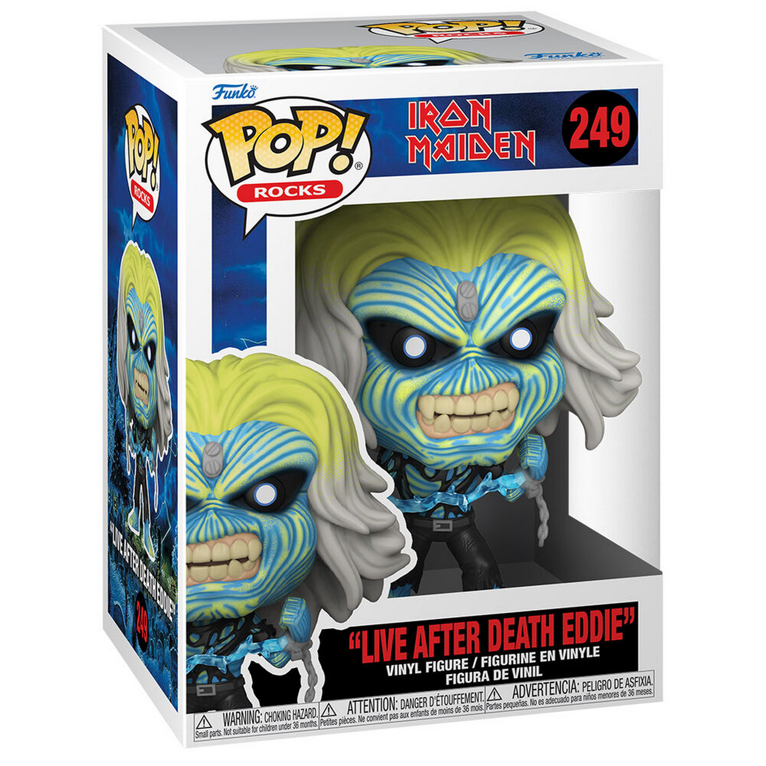 Una figura Funko Pop en caja de Eddie de Iron Maiden. La figura es azul y amarilla, fondo blanco.