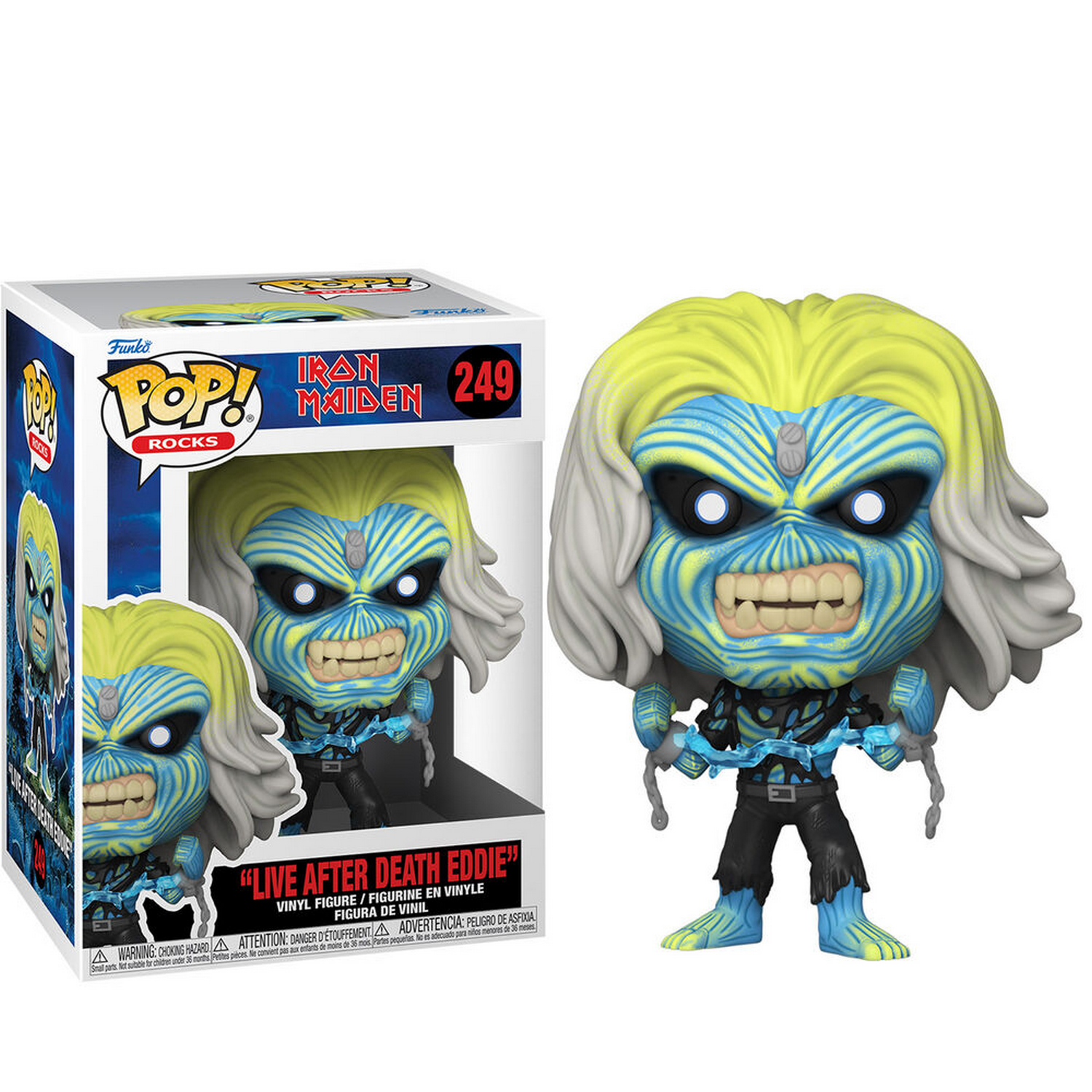 Una figura Funko Pop de Eddie de Iron Maiden, dentro y fuera de la caja.