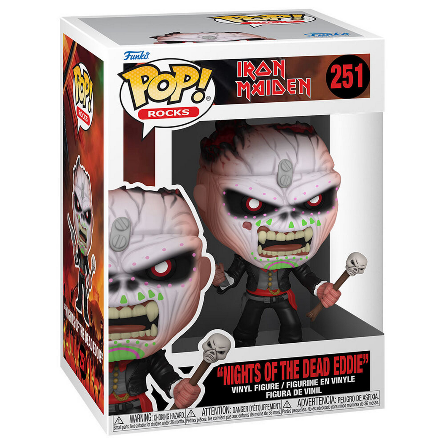 Figura Funko Pop de Eddie de Iron Maiden, en una caja con texto.