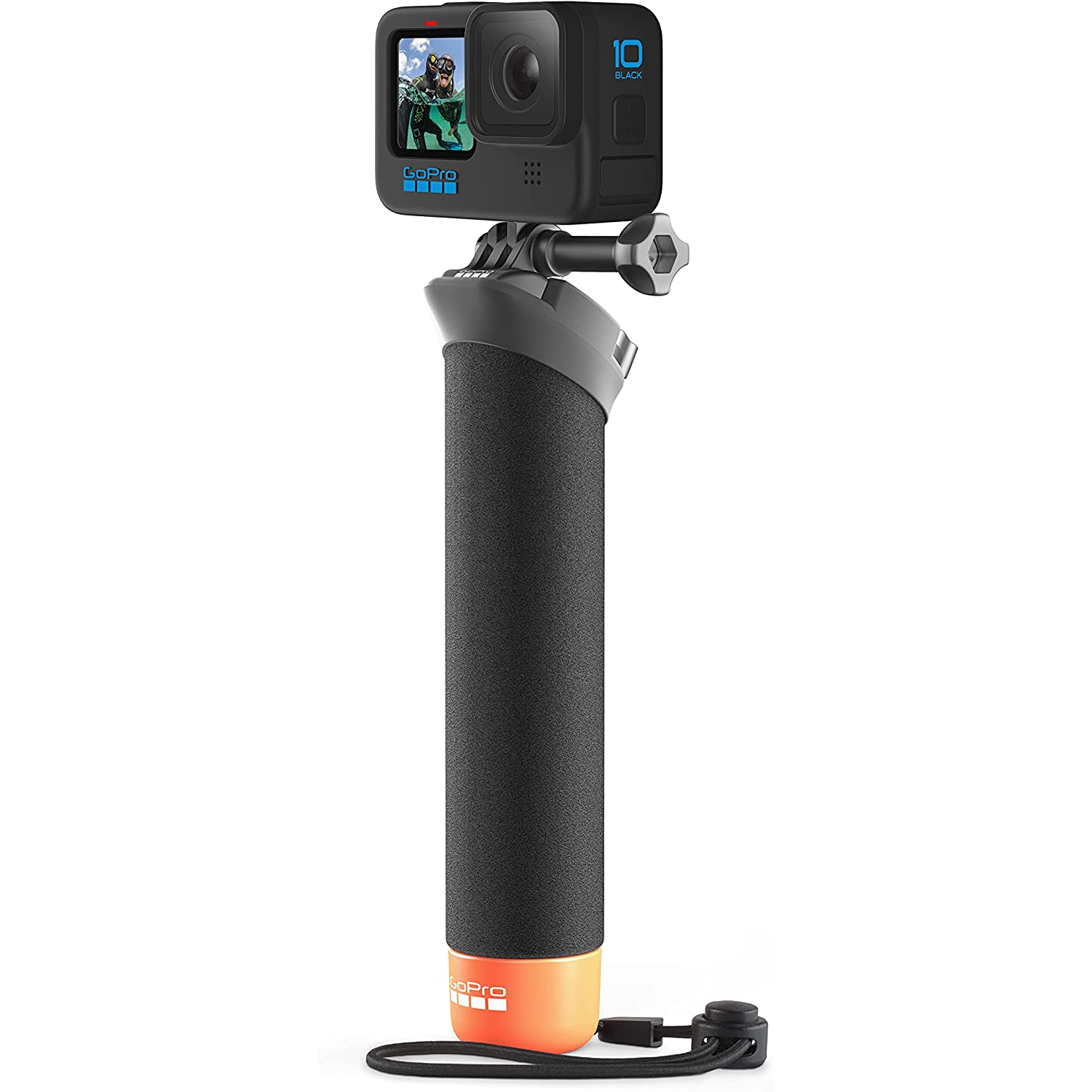 Cámara GoPro adjunta a un mango negro. El mango tiene una base naranja.