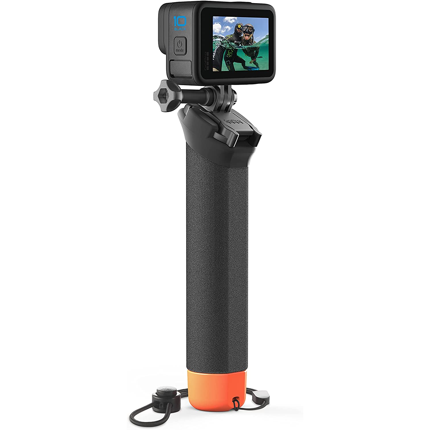 Cámara GoPro en un mango, base naranja, fondo blanco.