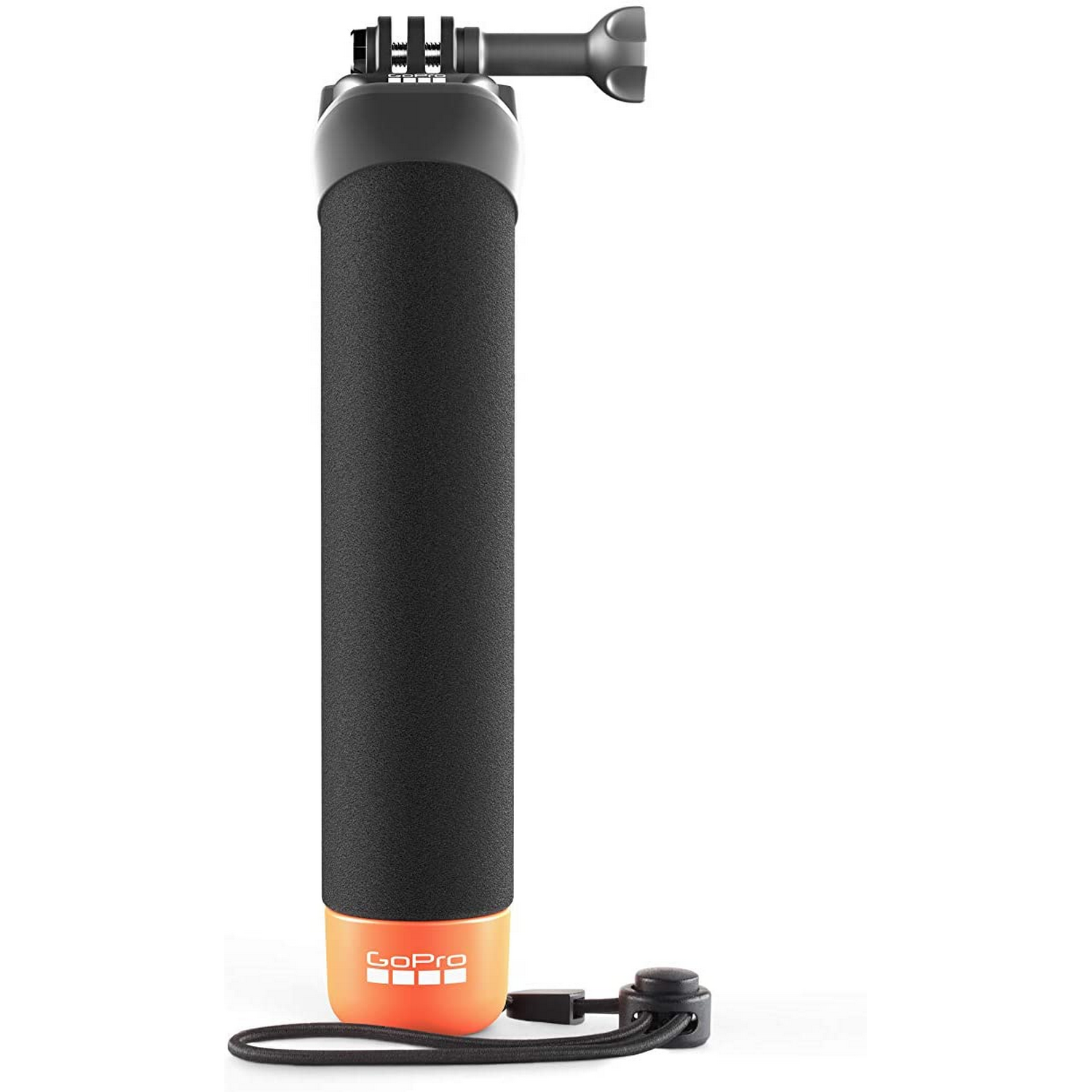 Empuñadura flotante GoPro negra con base naranja y correa para la muñeca.