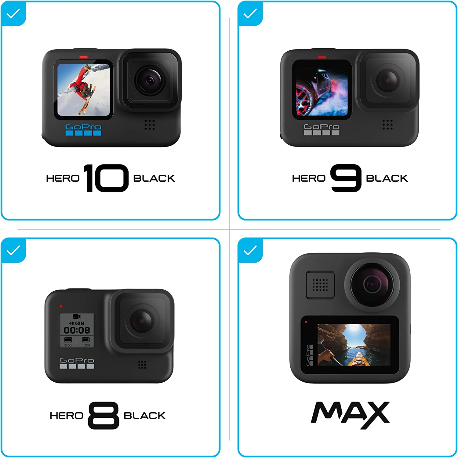 Cuatro cámaras GoPro: Hero 10, 9, 8 y MAX, mostradas en una cuadrícula.