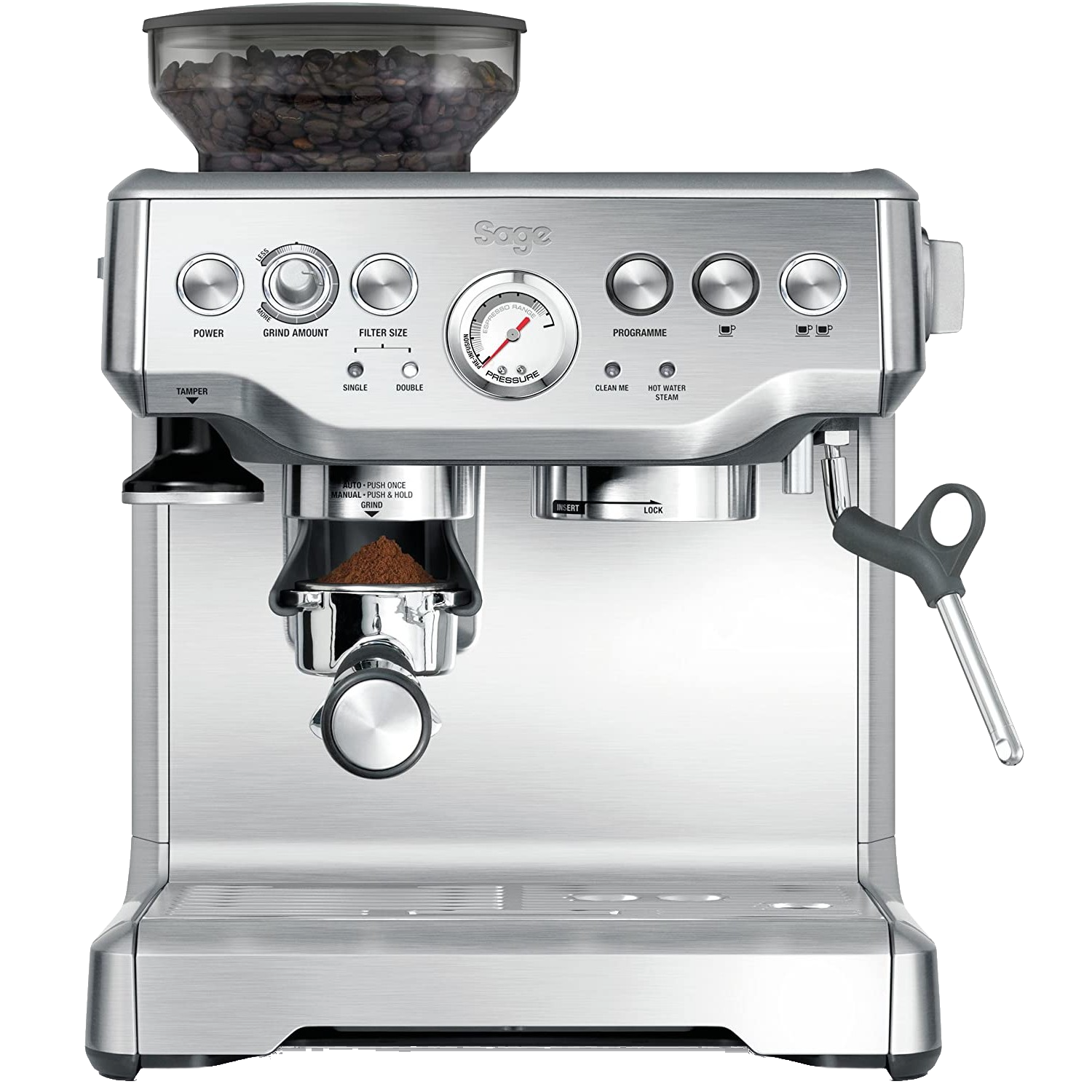 Cafetera express - Sage SES875BSS2EEU1A Barista, 15 bar, 1850 W, 2 tazas, Sistema ThermoJet, Inox