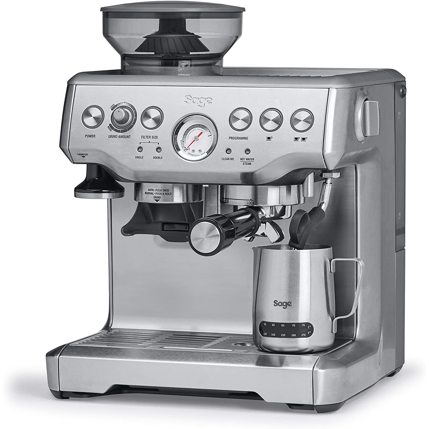 Máquina de espresso Sage plateada con molinillo y jarra para espumar leche.