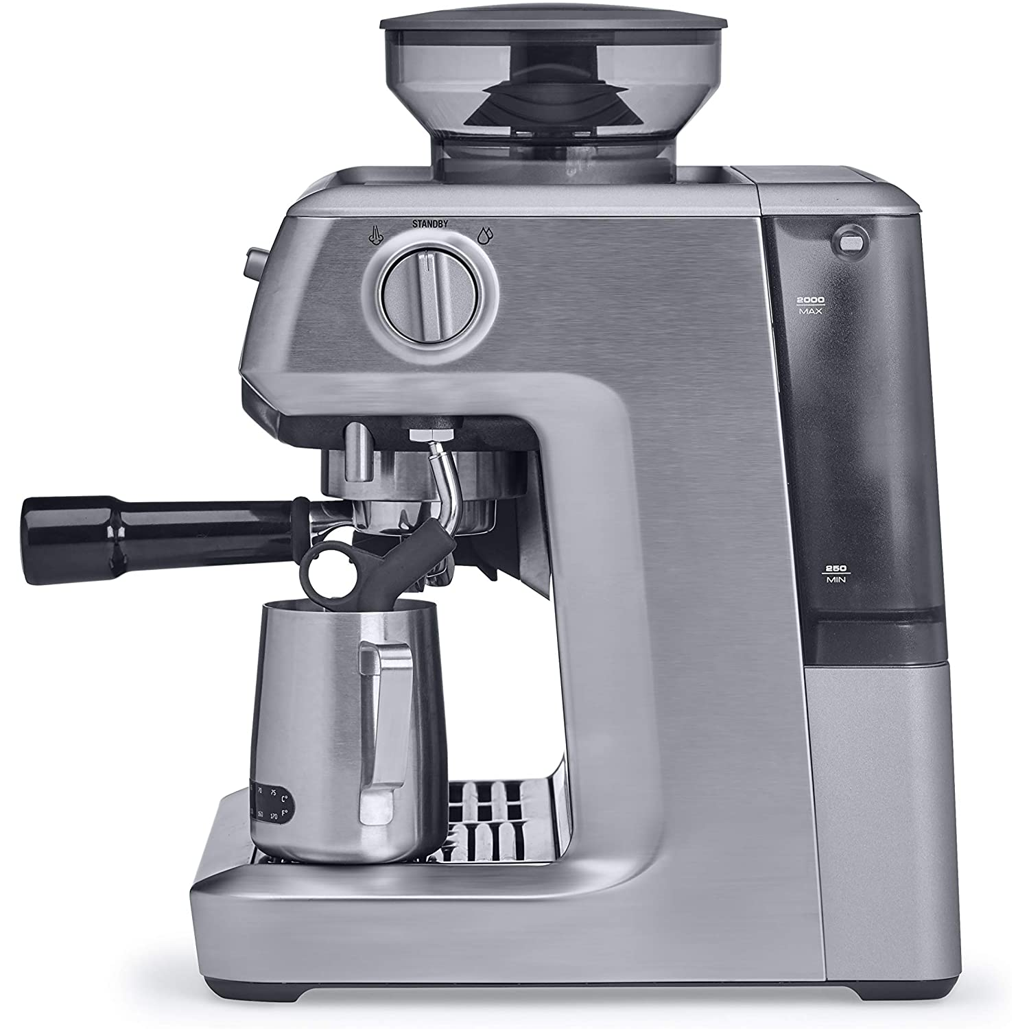 Máquina de espresso plateada con molinillo, depósito de agua y jarra para espumar leche.