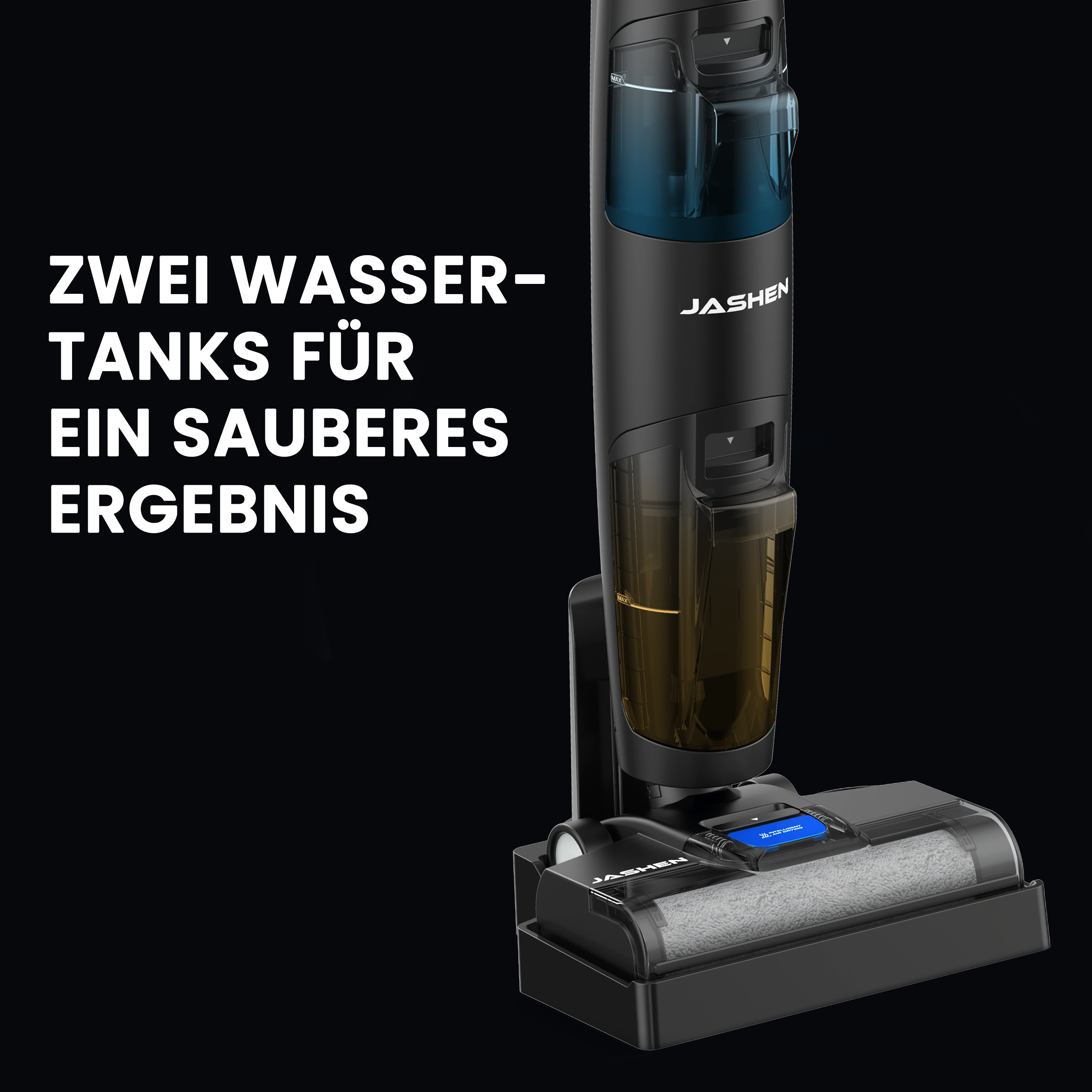 Schwarzer und blauer Staubsauger. Text: 'Zwei Wassertanks für ein sauberes Ergebnis'.
