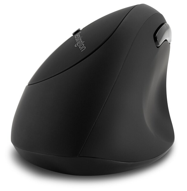 Fekete ergonomikus Kensington egér, szögletes nézet, gomb részlettel.